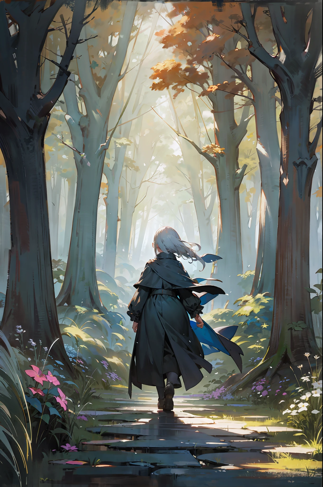 In the woods outside the castle,A silver-haired girl once trapped in a castle gazes at it from a distant hill, as if to say goodbye to it.《(textured oil painting,Overcoat of glaze,thick impasto,Creating light and shadow):1.4, Rembrandt,rich colors, expressive technique,》low-key lighting, moody ambiance, dark shadows, subtle highlights, mysterious aura,colorful, blooming light effect, light from heaven,