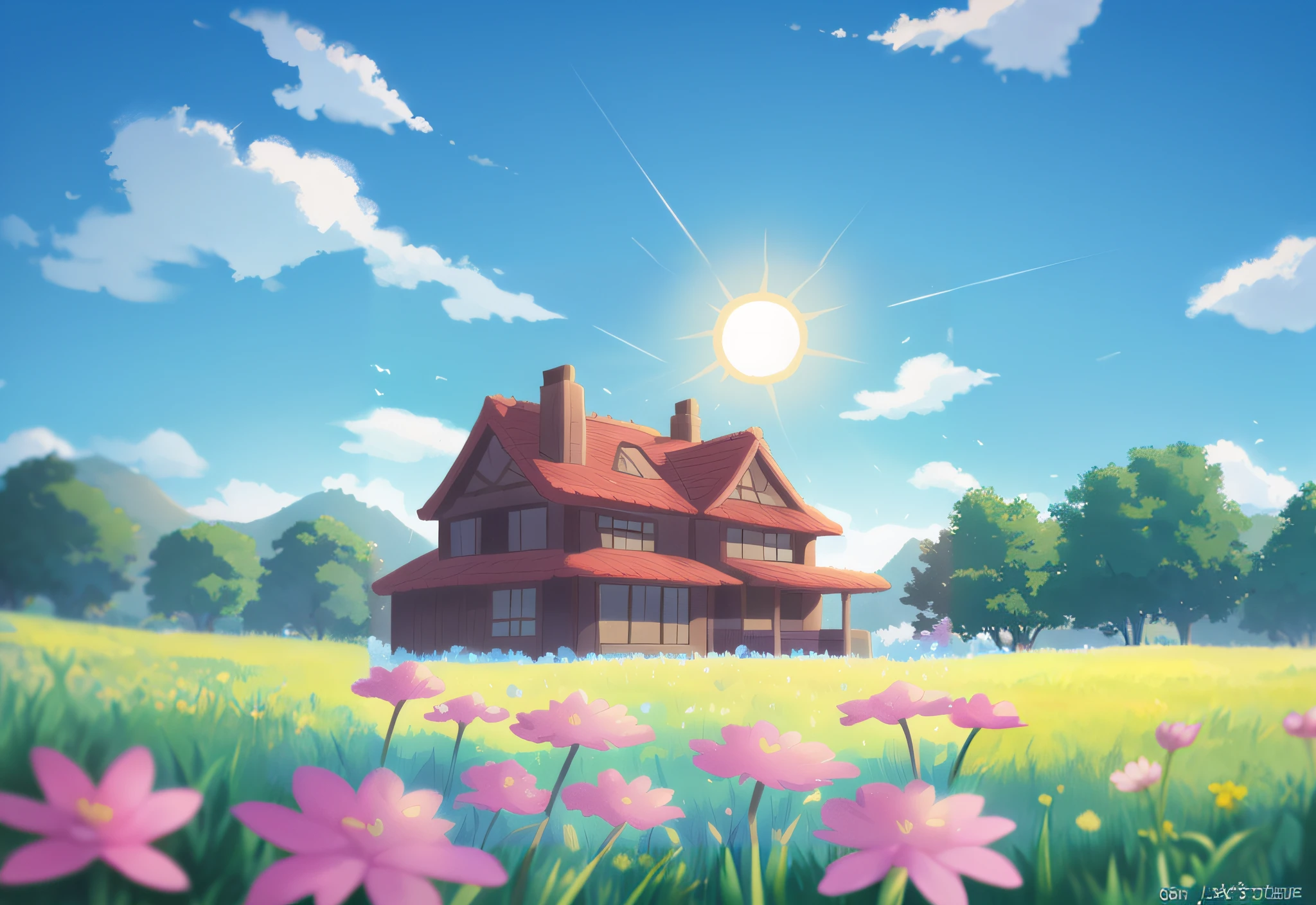 blue sky and white clouds, flowers, anime background art, background art, anime scenery, anime scenery, anime background, background artwork, made with anime painter studio, beautiful anime scenery, summer afternoon