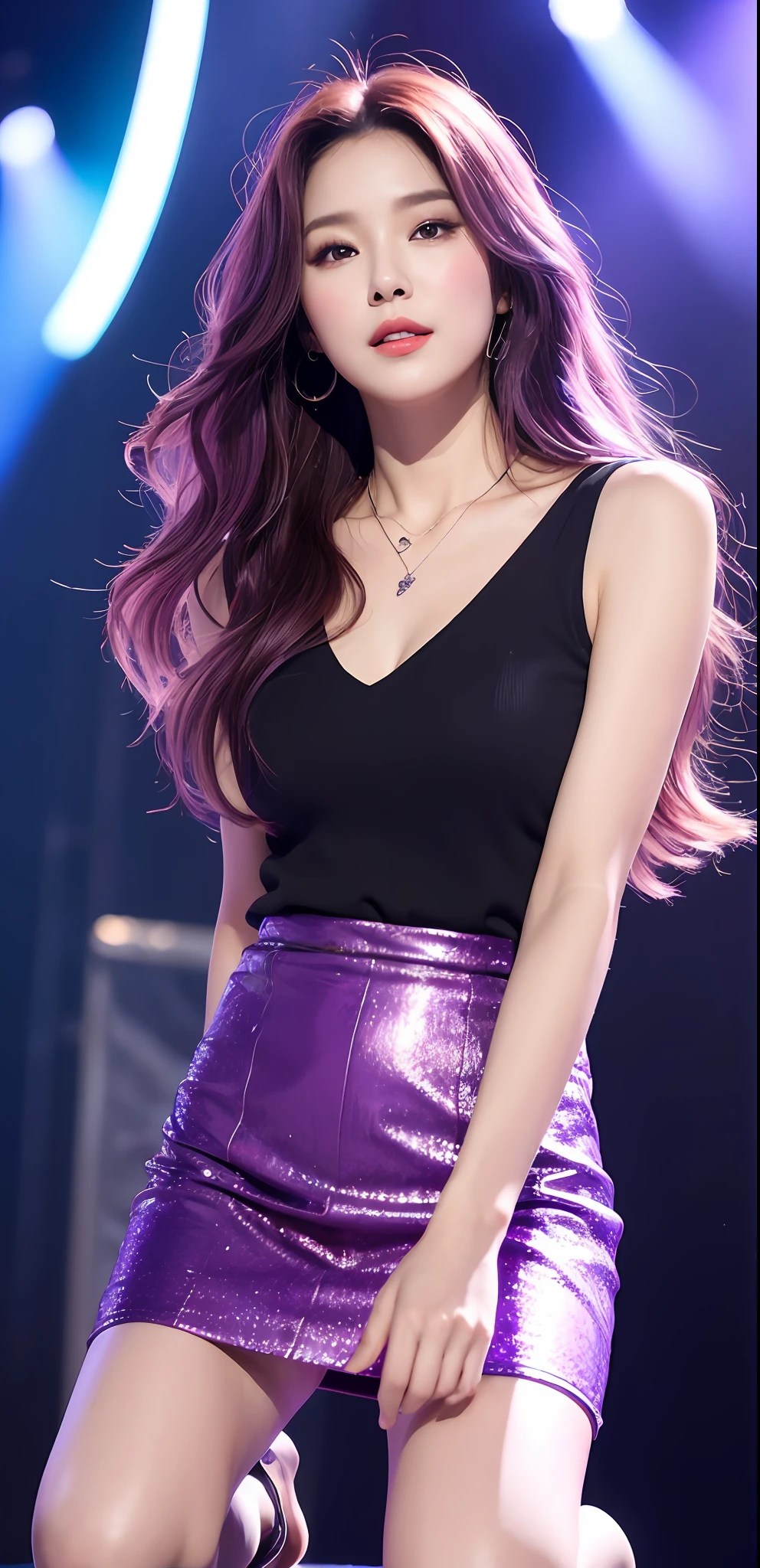(Best quality, high resolution, masterpiece: 1.3), a tall beautiful woman, cute Korean female singer, slender abs, loose wavy purple hair, micro-breasts, wearing a pendant, gorgeous short skirt, (background is a stage), beautifully presented details of face and skin texture, detailed eyes, double eyelids, kneeling, overhead shot,