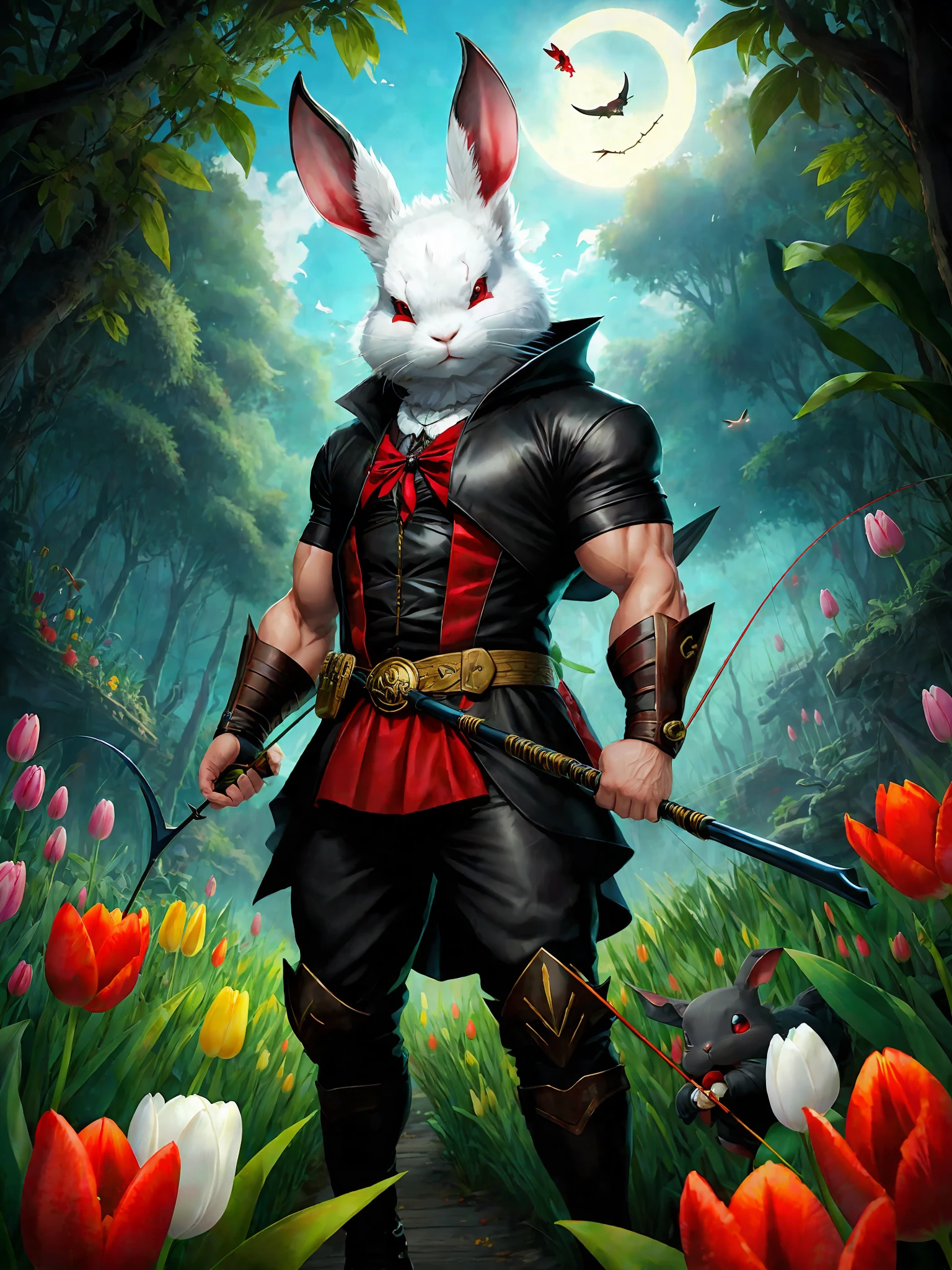 rabbitman , evil demon , bow , red eyes, ready to fish ,ears, mus ,Tulips, cles, jungle