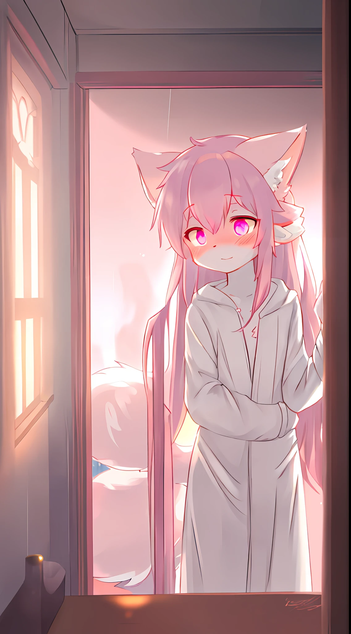Long pink hair, neon eyes, glowing eyes, femboy, bathroom, moderate rain, afternoon, cat ears, pale pink ears, fox tail, pink fox, white bathrobe, cute, one tail, space god, fur body, full body, upper body wrapped in bathrobe, Siberian forest cat, character, masterpiece, fluffy tail, current, shy, NFSW, highest quality, 8k, full hd, two-eared, summer, own character, nude, nsfw, pink hair, blurry, shy, blushing