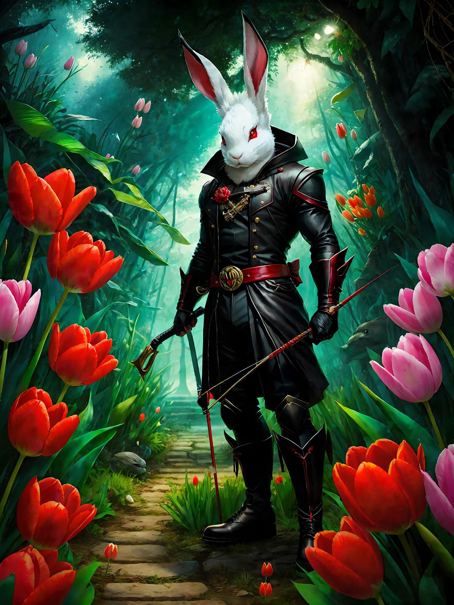rabbitman , evil demon , bow , red eyes, ready to fish ,ears, mus ,Tulips, cles, jungle