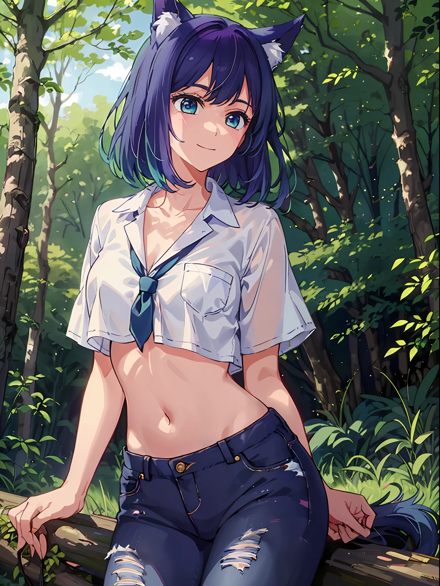 1girl (masterpiece) (highest quality) (shiny hair) (shiny skin), Akane, Blue hair, Blue eyes, Dog ears, Dog tail, Sun through trees, Forest, Jeans, White shirt, Navel visible, smile,