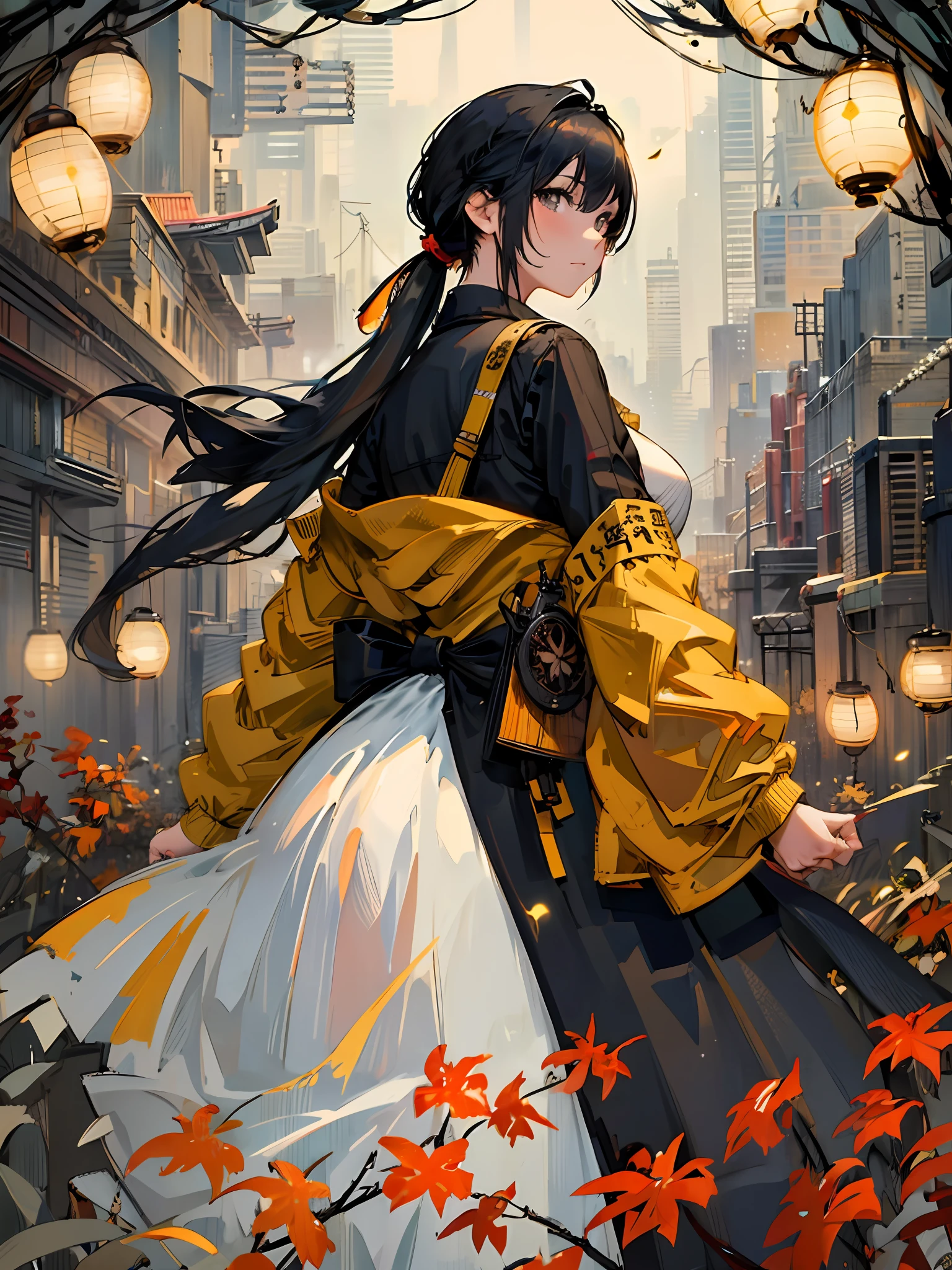 masterpiece, high quality, 1girl, black hair, ponytail hair, black eyes, large breasts, casual outfit, forest, fireflies, night, happy, looking back, amazed, overlay, jppop art style, japanese style