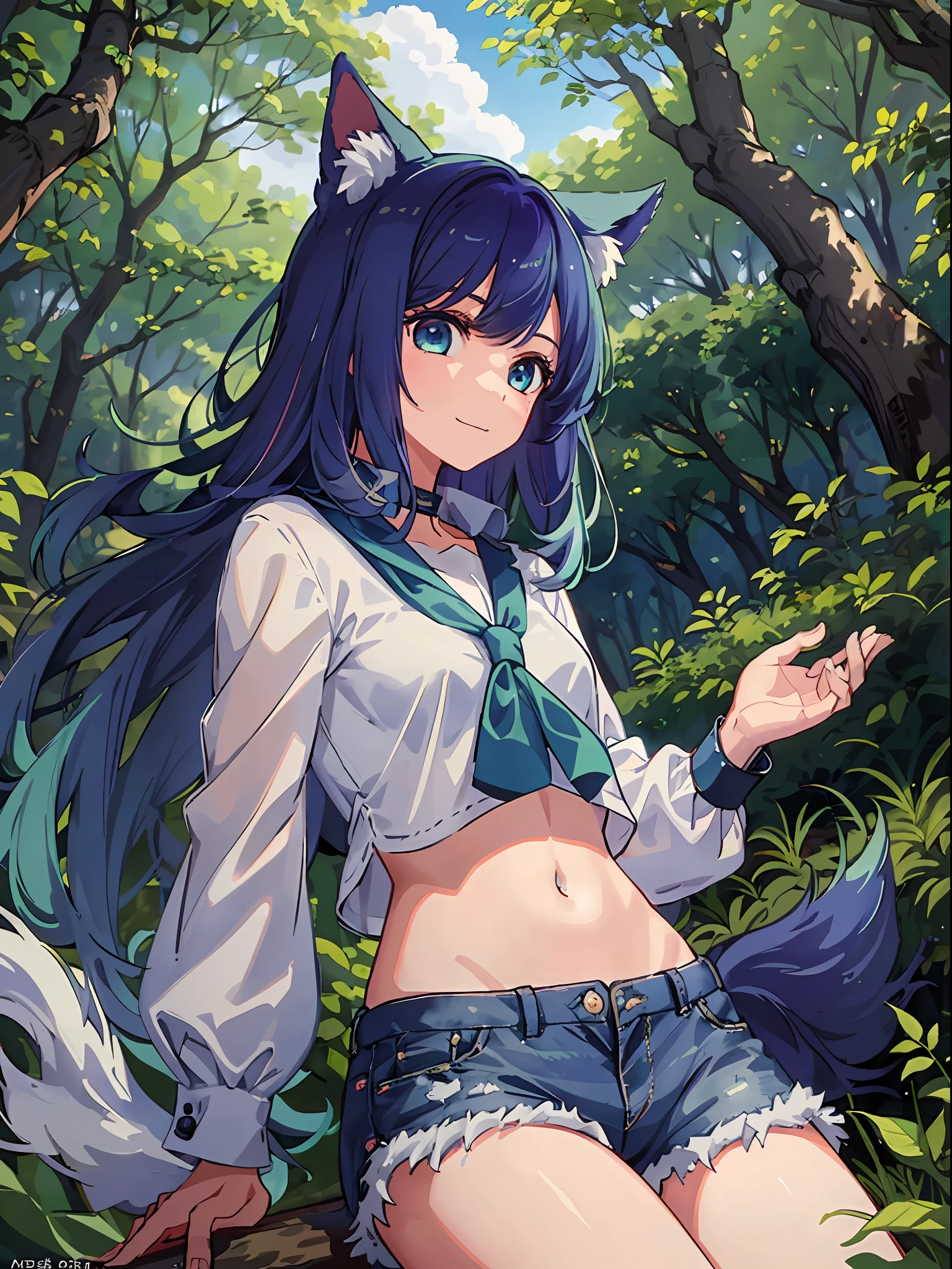 1girl (masterpiece) (highest quality) (shiny hair) (shiny skin), Akane, Blue hair, Blue eyes, Dog ears, Dog tail, Sun through trees, Forest, Jeans, White shirt, Navel visible, smile,