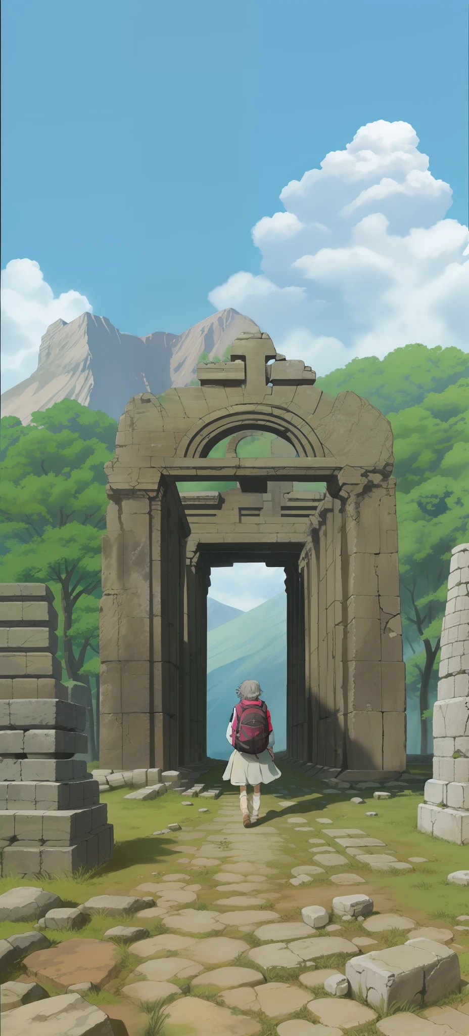 Collapsed stone pillars, ruined temples, backpack Koshota strolling through them