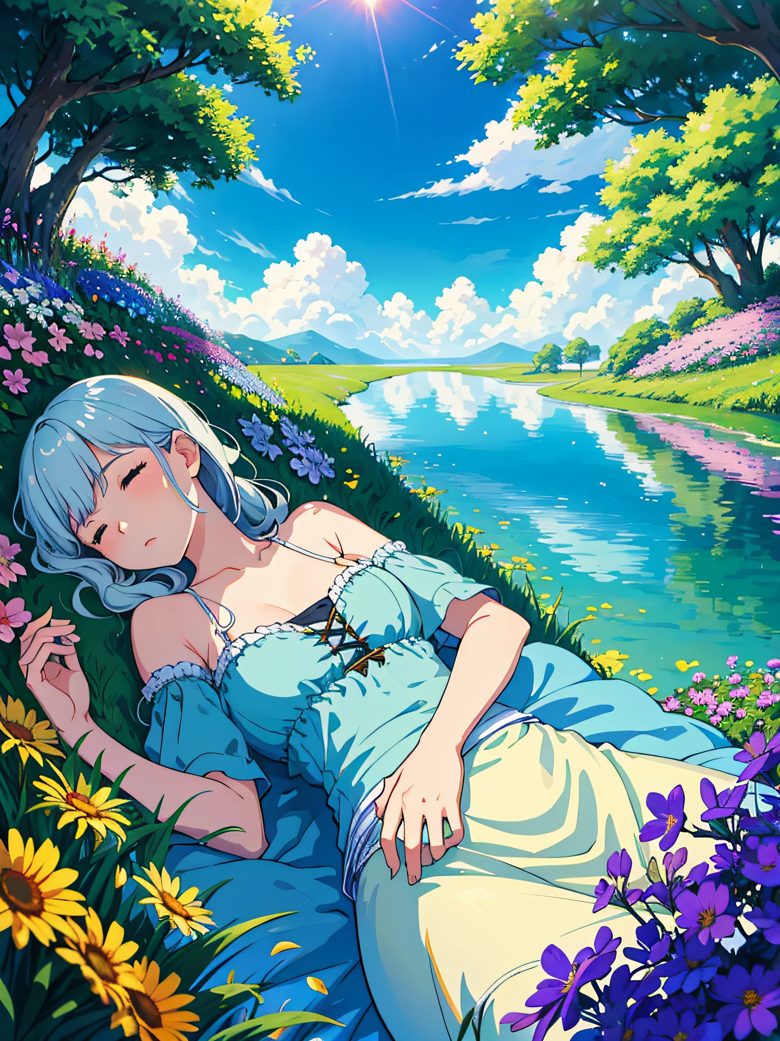A sea of flowers, a girl lying in a sea of flowers, lying down to look at the sky, big clouds, blue sky, grass, shade, a sea of flowers formed by large flowers, secluded, tourist attractions, HD details, hyper-detail, movies, surrealism, soft light, deep field focus bokeh, ray tracing and surrealism, Miyazaki animation style. --v6