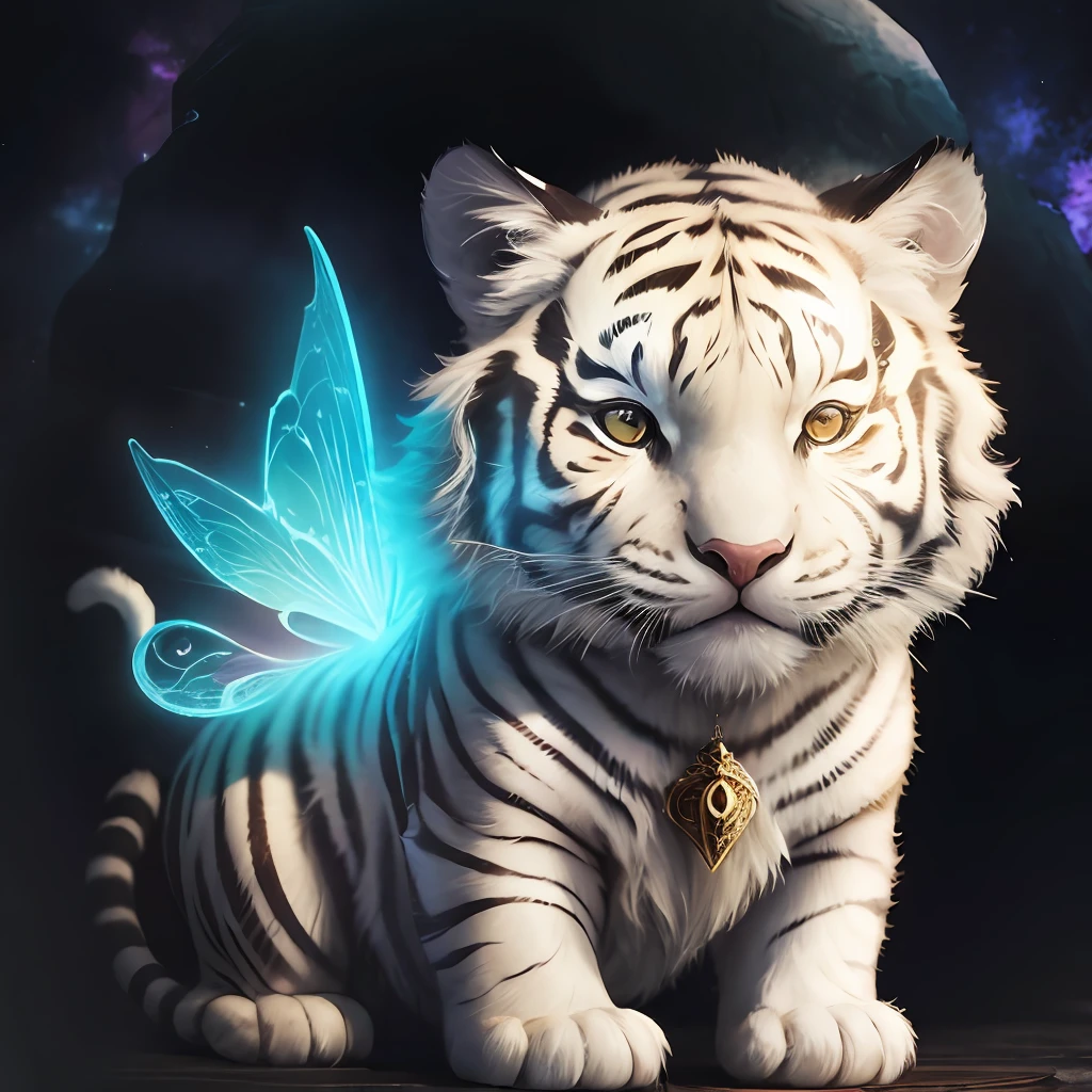 chibi, white tiger holding treasure, fairy, kiss, mysterious, glowing, hugging, love, watching, enveloping, best quality, good friend, celestial, universe, planet, gentle, powerful, halo, bright background, colocoro, lassen --auto --s2