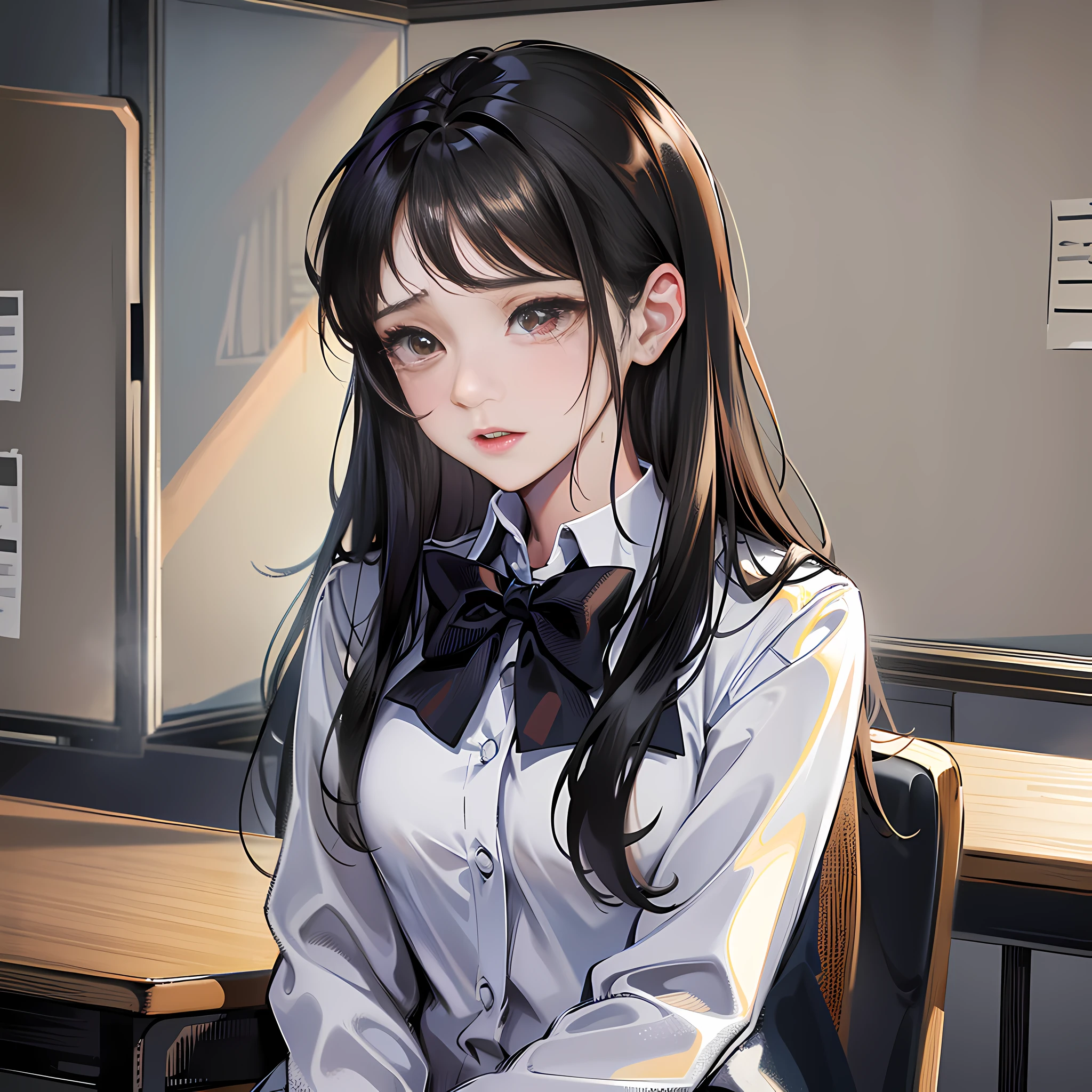 In the teacher, in class, there is a girl, long black hair, scared, worried, crying, tears, super detailed, 4k, white, no bow tie, super detailed,