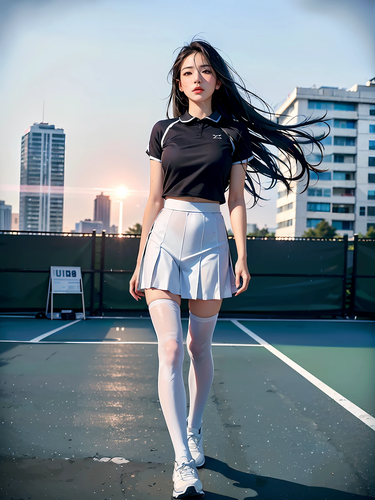(8k, Best Quality, Masterpiece: 1.2), (Realistic, Realistic: 1.37), Ultra Detailed, Best Quality, Ultra High Resolution, Professional Lighting, Photon Mapping, Radiosity, Physically Based Rendering, Cinematic Lighting, Clear sky, basketball court, depth of field, clear focus, sunlight, good composition, (Bokeh: 1.2) 1girl, single person, (full body), (closed mouth), beautiful detailed eyes, pose, narrow waist, tennis skirt, tennis skirt, tennis clothes, black hair, messy hair, long hair blowing in the wind, (ulzzang-6500:1.2), pantyhose, (rain, perspective, wet shirt, wet hair, wet clothes: 1.2 ),