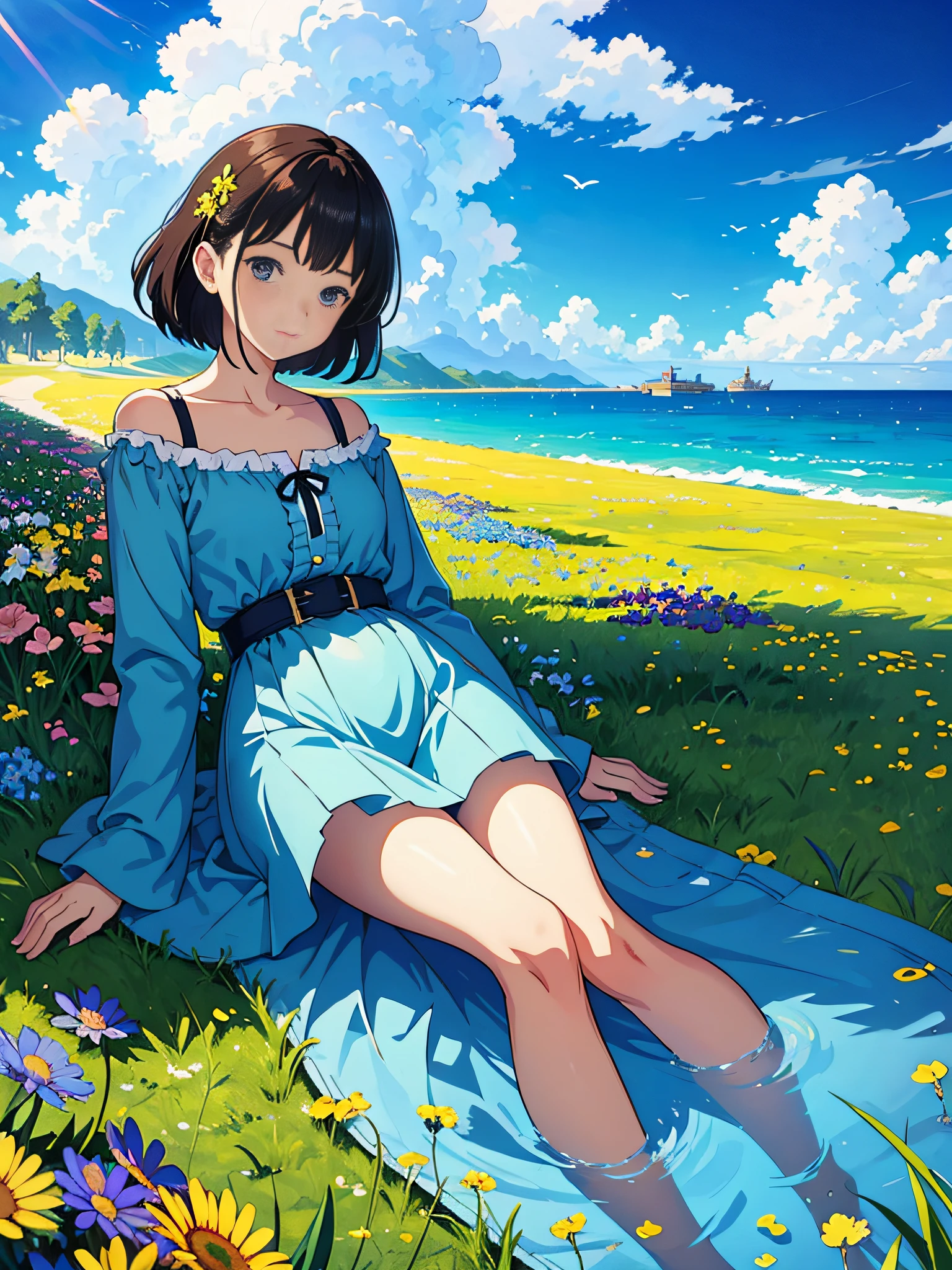 A sea of flowers, a girl lying in a sea of flowers, lying down to look at the sky, big clouds, blue sky, grass, shade, a sea of flowers formed by large flowers, secluded, tourist attractions, HD details, hyper-detail, movies, surrealism, soft light, deep field focus bokeh, ray tracing and surrealism, Miyazaki animation style. --v6