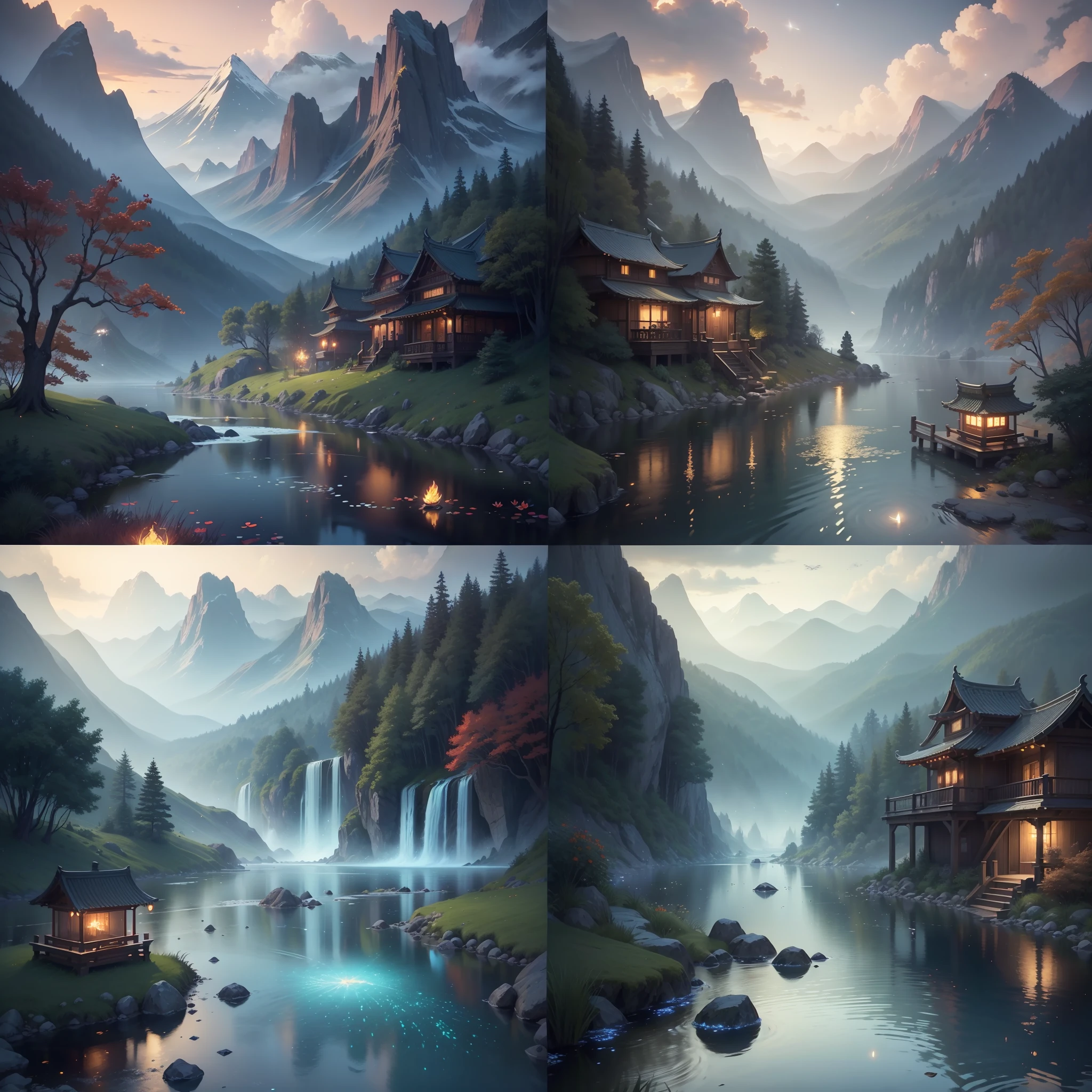 Mountains and rivers
Masterpiece, best quality, (very detailed CG unified 8k wallpaper), (best quality), (best illustration), (best shadow), glowing elf with a glowing deer, drinking water in the pool, natural elements in forest theme. Mysterious forest, beautiful forest, nature, surrounded by flowers, delicate leaves and branches surrounded by fireflies (natural elements), (jungle theme), (leaves), (branches), (fireflies), (particle effects) and other 3D, Octane rendering, ray tracing, super detailed, alpine flowing water Xiaoqiao artistic conception beauty, there is a kind of sea and a hundred rivers with tolerance and great artistic conception, and landscape painting of Jiangnan water town. Red atmosphere, maple leaves, autumn, artistic conception, red lotus, lotus pond moonlight, autumn, pond  

Official Art, Unified 8k Wallpaper, Ultra Detailed, Beautiful and Aesthetic, Beautiful, Masterpiece, Best Quality, --auto --s2