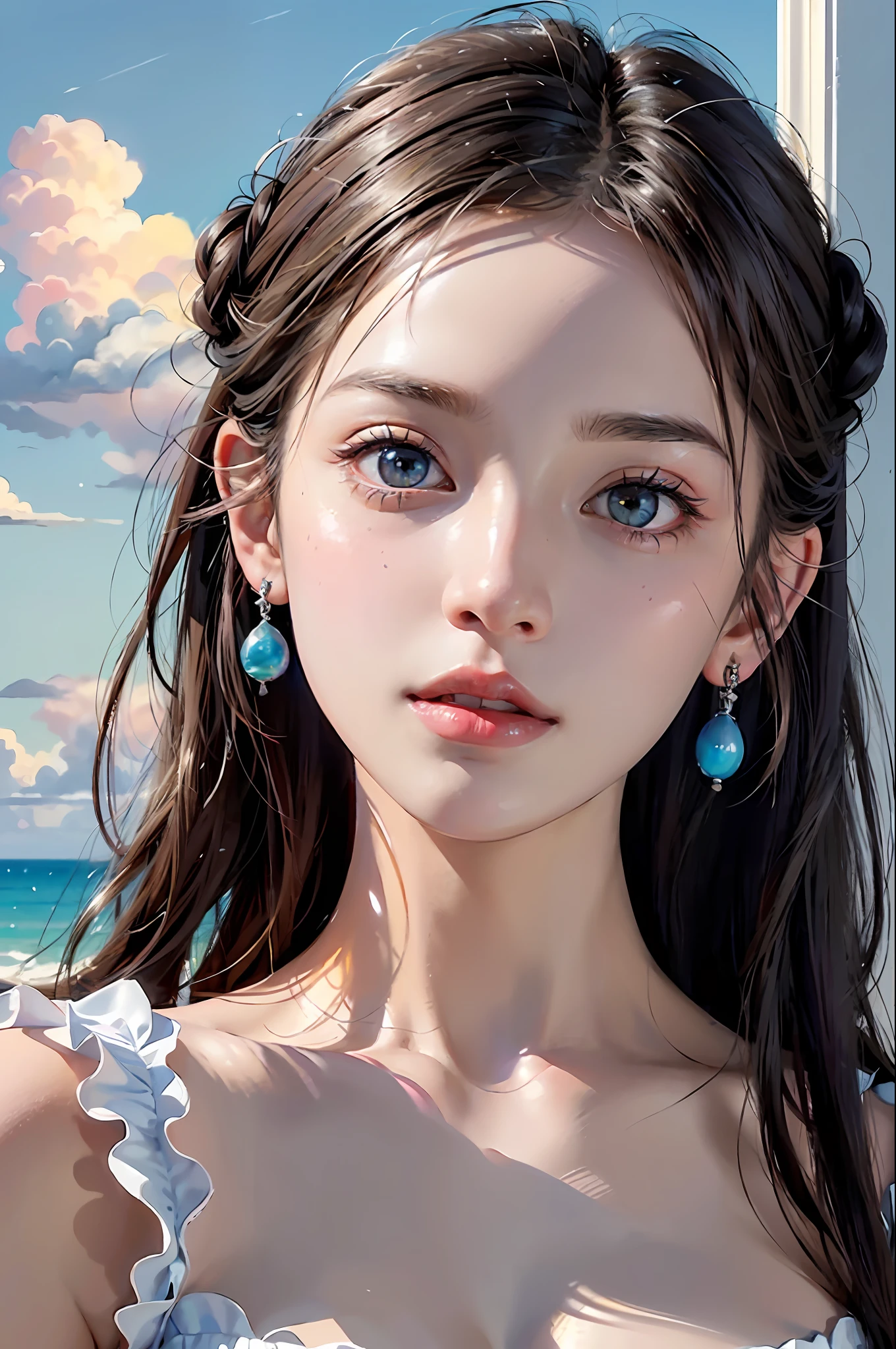 ( Absurd, High quality, ultra-detailed, masterpiece, concept art, smooth, highly detailed artwork, hyper-realistic painting )beautiful eyes(eyes detailed),1 pretty girl, Rose with pink, yellow, and blue color, Rainbow in sky, dreamy, clouds, Vivid, cute and fantasy