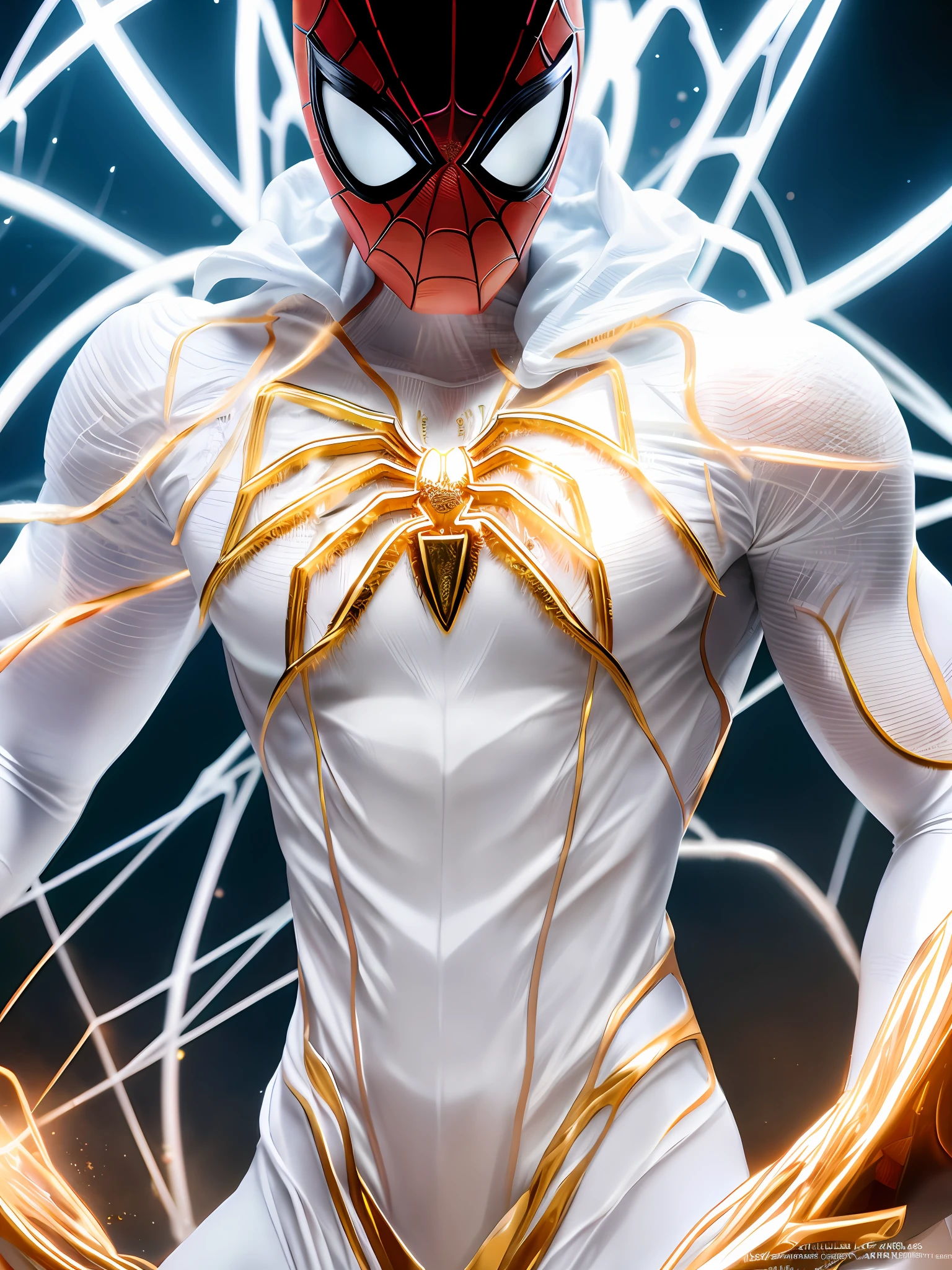spider man in a white outfit with Golden spider in the center of his , organic looking outfit, gooey texture symbiote covering everything, white eyes, fine art, ps5 cinematic screenshot,highly detailed detailed cinematic rendering, ultra photorealistic raytricing, with cinematic lighting, futuristic, can action