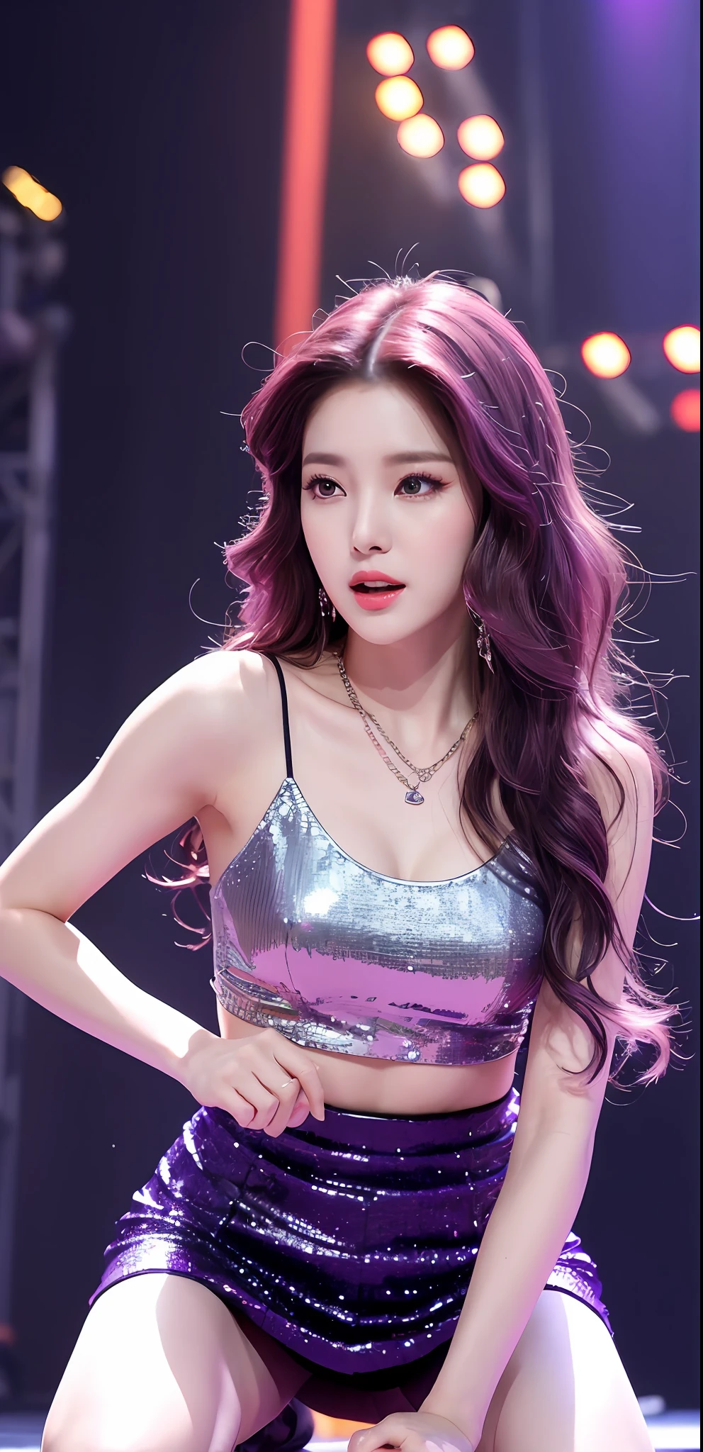 (Best quality, high resolution, masterpiece: 1.3), a tall beautiful woman, cute Korean female singer, slender abs, loose wavy purple hair, wearing a pendant, gorgeous short skirt, (background is stage), beautifully presented details of face and skin texture, detailed eyes, double eyelids, kneeling, overhead shot,