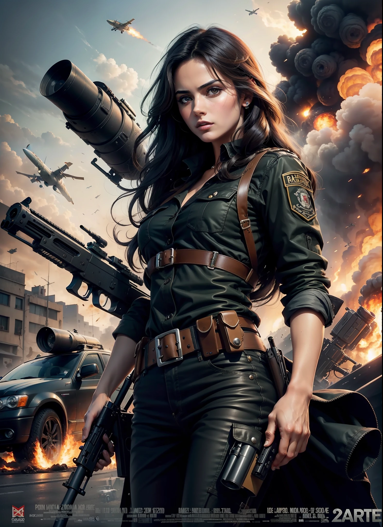 Movie poster commando Portuguese, beautiful woman, medium dark long hair, with big gun in hands, black clothes, rivets, explosions, cars, airplanes, just one body