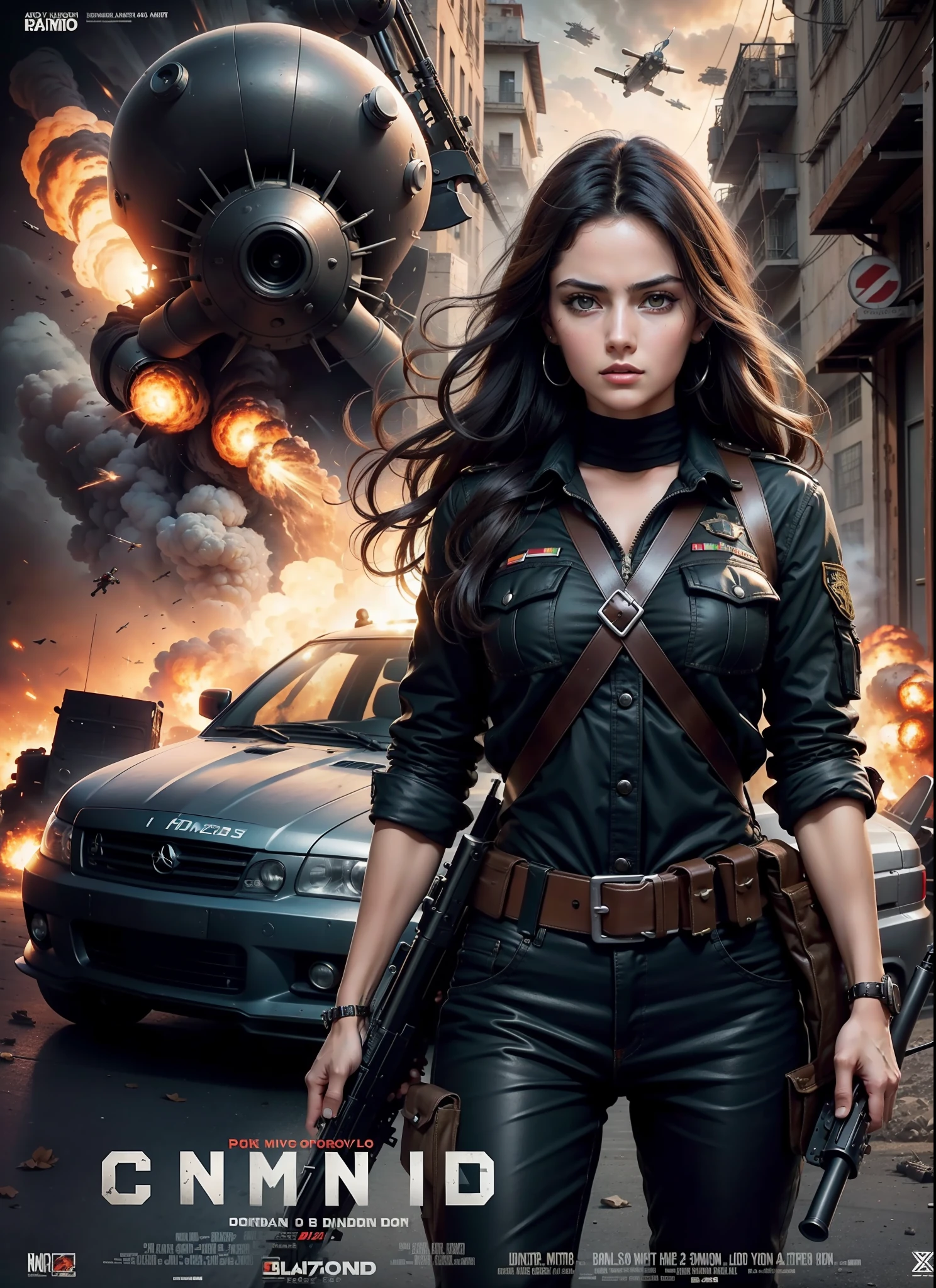 Movie poster commando Portuguese, beautiful woman, medium dark long hair, with big gun in hands, black clothes, rivets, explosions, cars, airplanes, just one body