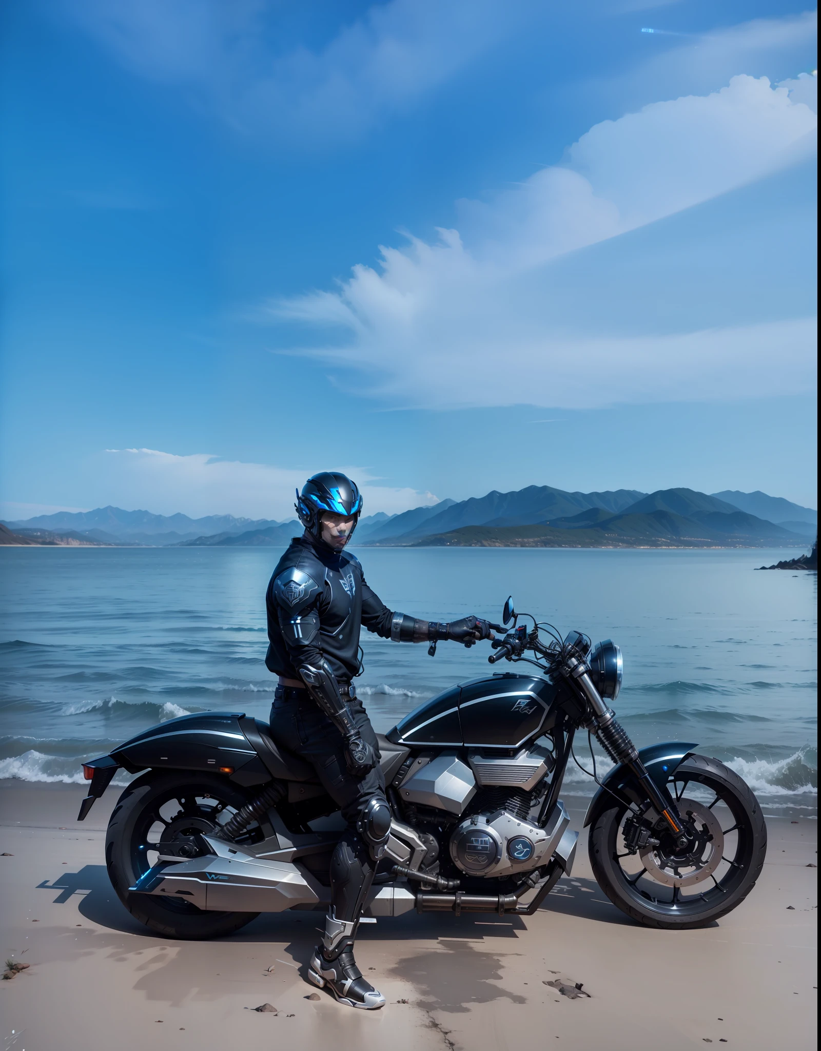 Cyber Male Warrior and Cyber Mechanical Motorcycle, Wearing High-Tech Armor, Nousr, Biomechanics, MSHN Robotic Man, High-Tech Helmet, Hyperreal, Steel, Intricate Design, Crazy Details, Fine Details, Extremely Clear Lines, Cinematic Lighting, Photo Realistic, Detailed Masterpiece