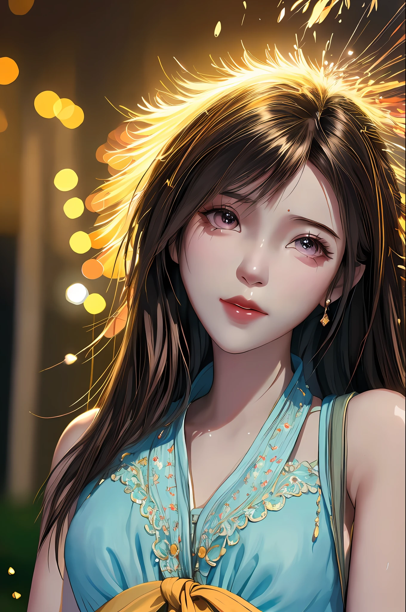 (8K, Best Quality, Masterpiece: 1.2), (Realistic, Realistic: 1.37), Super Detailed, Best Quality, Ultra High Resolution, Professional Lighting, Photon Mapping, Teleportion, Physically Based Rendering, Film Lighting, Pedestrian Street, Rainy Depth of Field, Clear Focus, Sunlight, Good Composition, (Bokeh: 1.2) 1girl, Solo, (Close Up View), Beautiful Detailed Eyes, Smiley Face, Pose, Narrow Waist, Mid-Chest, (Random colorful clothes ), black hair, messy hair, long hair fluttering in the wind, (ulzzang-6500:1.2)