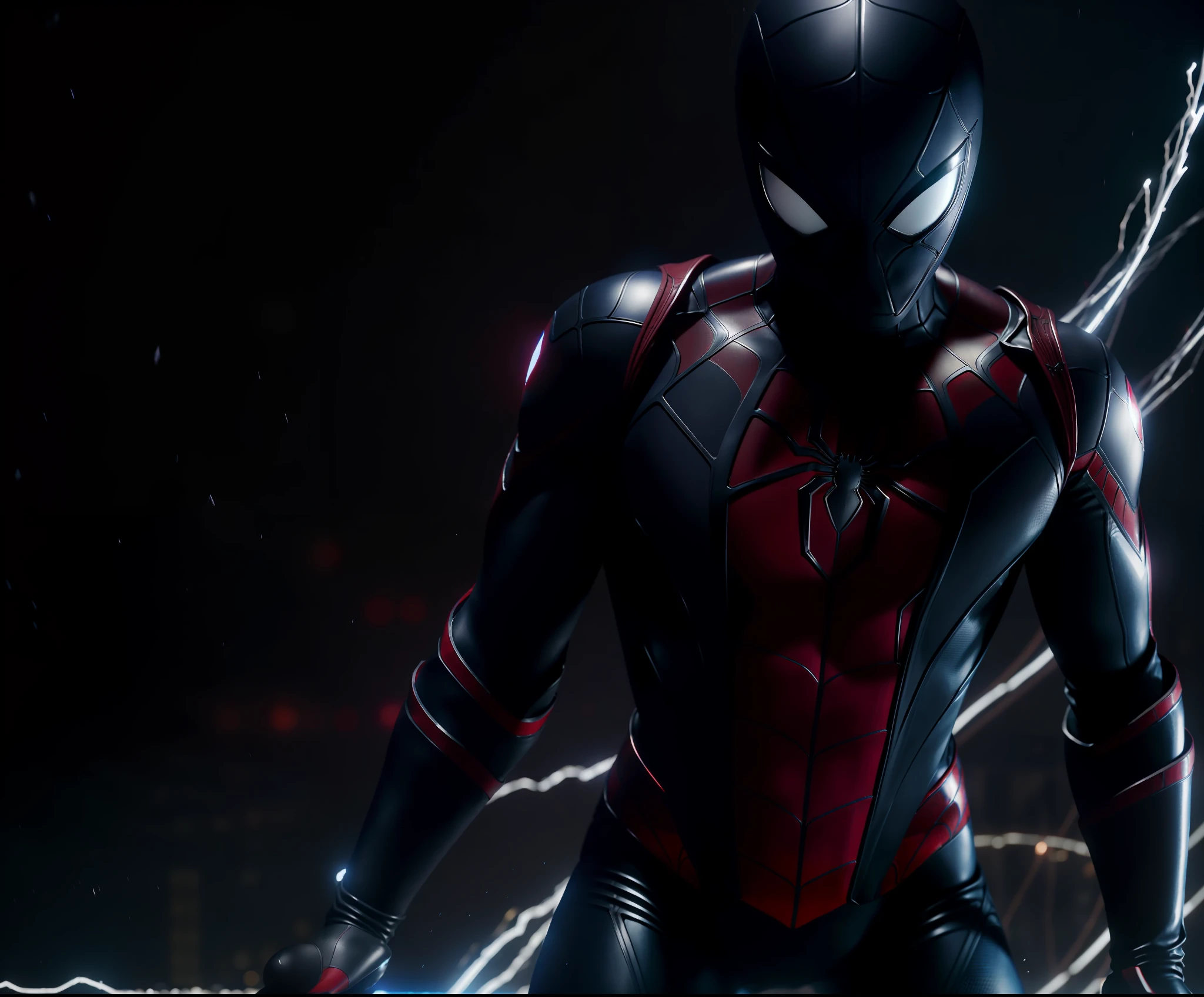 spider man in a black suit suit with red spider in the center of his chest, organic looking outfit, textured symbiote gooey covering everything, white eyes, fine art, ps5 cinematic screenshot,highly detailed detailed cinematic rendering, ultra photorealistic raytricing, with cinematic lighting, futuristic, standing action pose