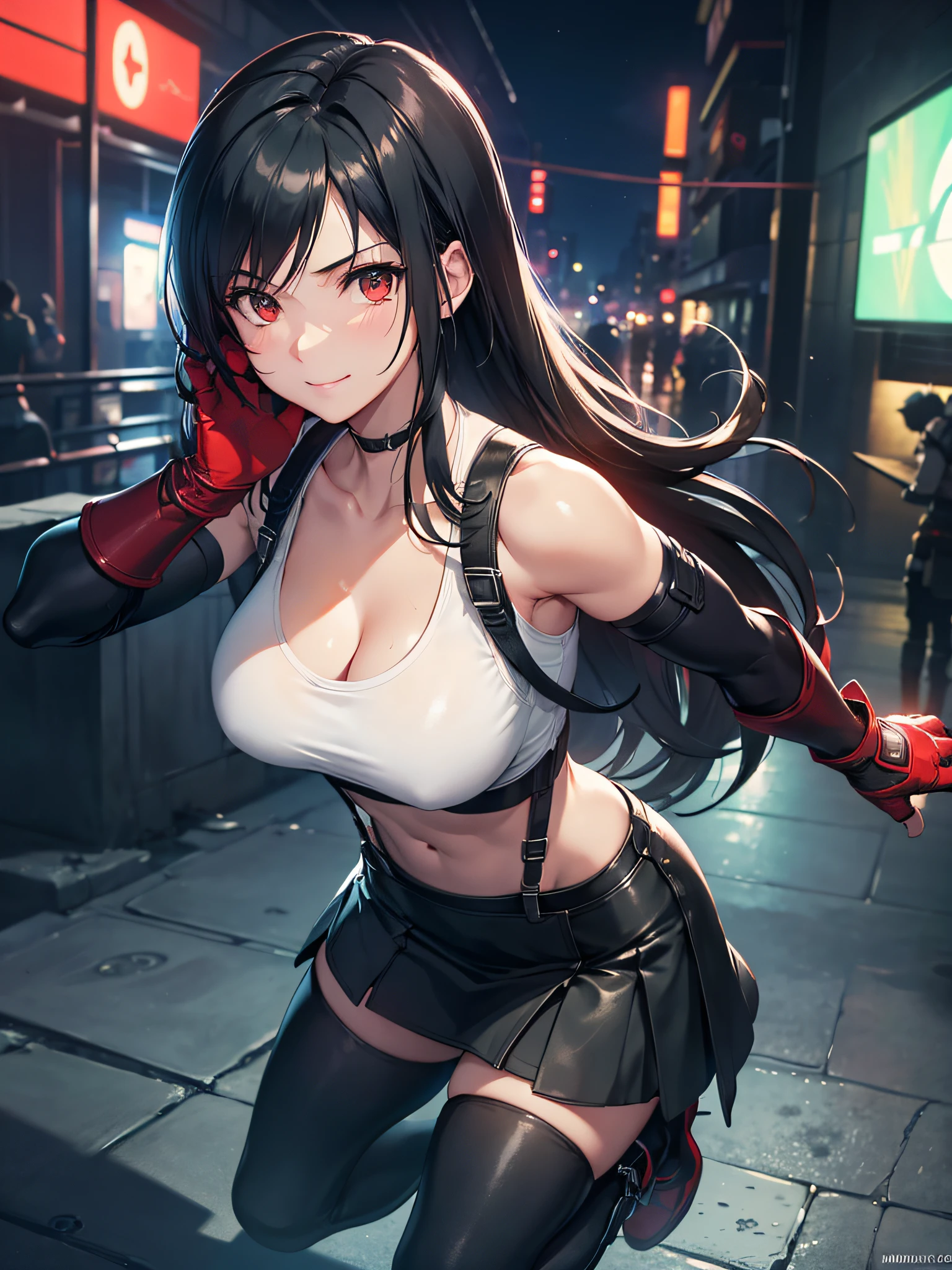 (8K, Best Quality, Masterpiece: 1.2), (Realistic, Photorealistic: 1.37), Super Detail, One Girl, Cute, Solo, (Tifa Lockhart), (Big Breasts), (Beautiful Eyes), (Smile: 1.2), (Closed), Erotic Pose, Dance, Neon, Cityscape, Depth of Field, Dark Strong Shadows, Sharp Focus, Motion Blur, Depth of Field, Composition, glowing green, Final Fantasy VII, dating, (nose brush), single elbow pads, ankle boots, black hair, red boots, elbow gloves, elbow pads, fingerless gloves, sports bra, black skirt (suspenders), white tank top: 1.5, full body, headrest, beautiful face, low tie long hair, (red_eyes), (night:1.3), complex, cinematic lighting, photon mapping, radiosity, physically based rendering, (Tetsuya Nomura style), perfect breast, cleavage,
