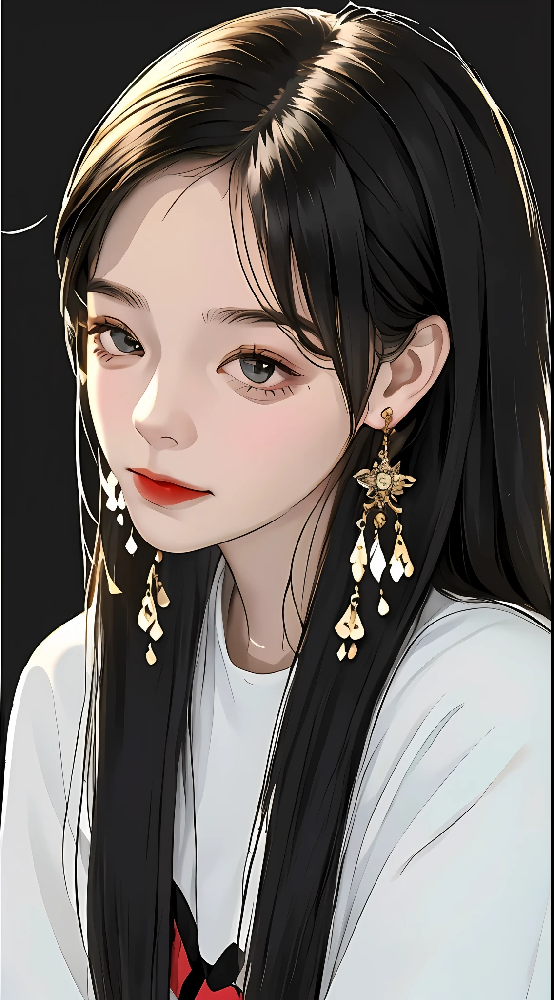 A cute girl with random hair, messy, earrings, street style, solid color background, cold expression, simple background, minimalist, evil smile, facing the camera, looking at the audience