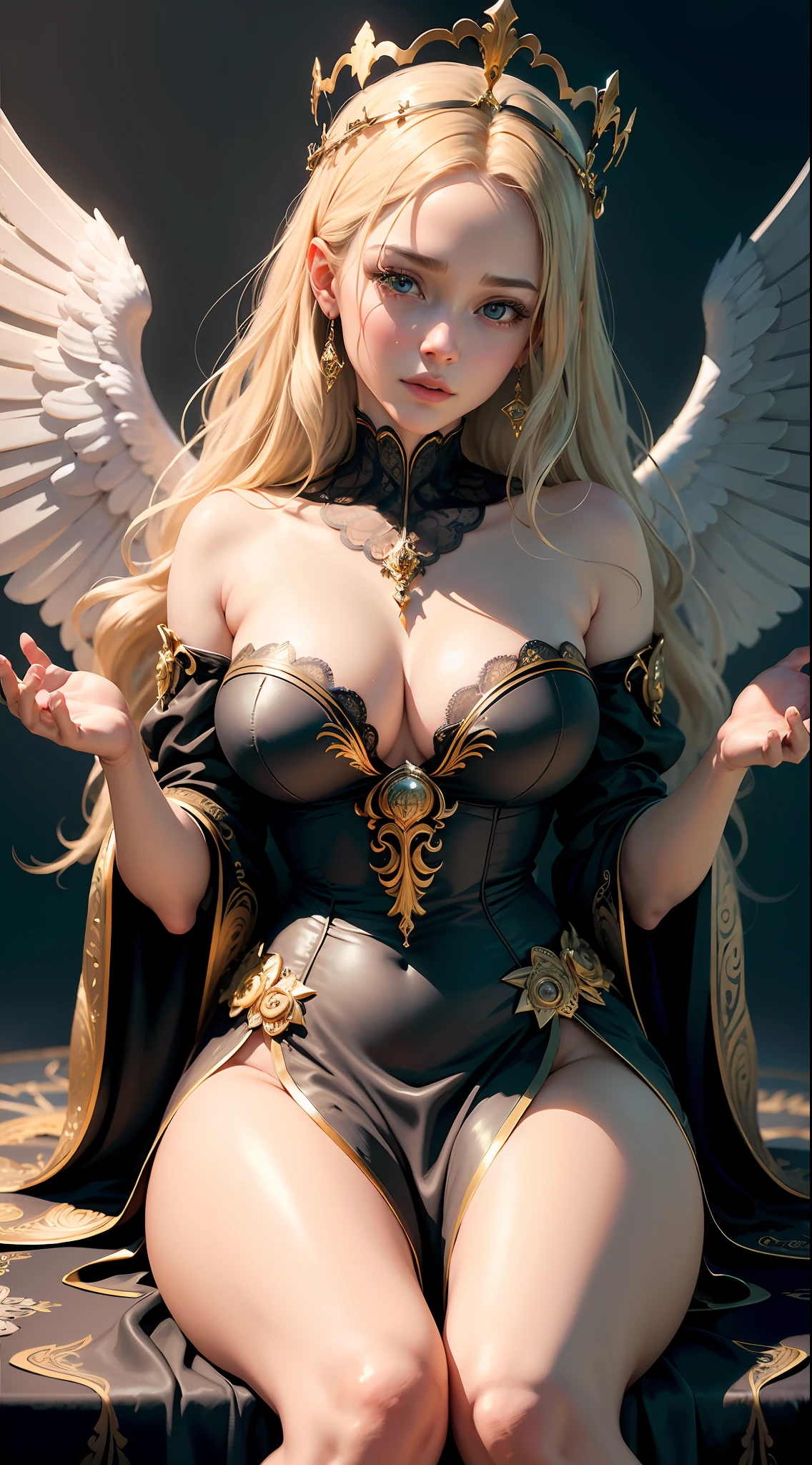 ultra detailed complex 3d rendering of a gorgeous porcelain profile angel face, goddess, black wings, 150 mm, beautiful soft studio light, rim light, vibrant details, divine, lace, hyper-realistic, anatomical, facial muscles, electrical cables, crosses, elegant, beautiful background, octane rendering, HR Giger style, 8k, best quality, masterpiece, illustration, extremely delicate and beautiful, extremely detailed, CG, unit, wallpaper, (realistic, photorealistic: 1.37), amazing, finely detailed, masterpiece, best quality, official art, 8k unit wallpaper CG extremely detailed, absurd, incredibly absurd, woman, golden crown, full body, sitting