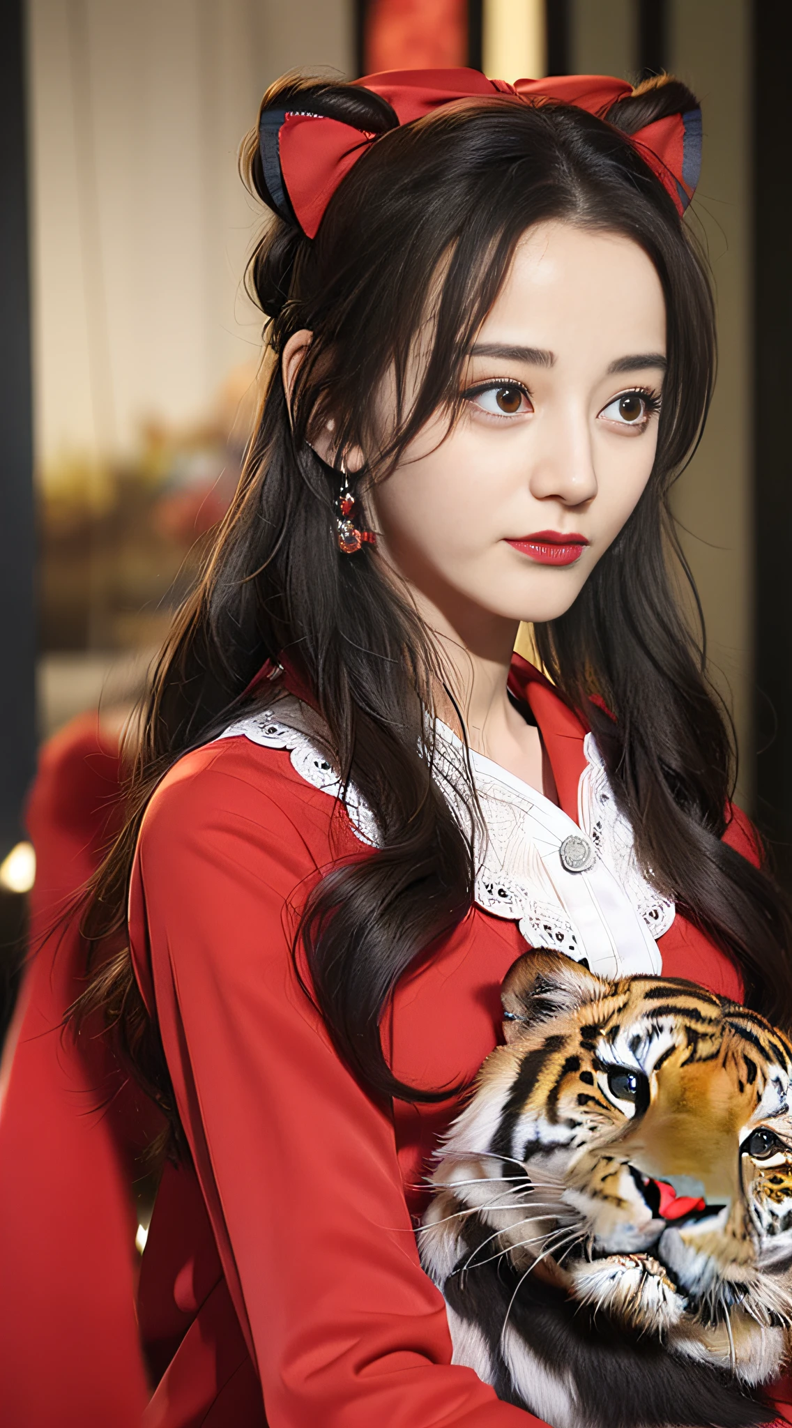 Masterpiece, Superb Piece, Hanfukozue, 1girl, Tiger, Brush, Long Hair, Bun, Bun, Brush, Brush, Hanfu, Hanfu, Hand Hidden Sleeve, Brush, Bangs, Solo, Year of the Tiger, Black Hair, White Tiger, Jewelry, Long Sleeves, Holding, Sitting, Yellow Eyes, Bow, Necklace, Hair Accessory, Wide Sleeves, Red Bow, Blunt Bangs, Fur Trim, Closed Mouth, Ribbon, Dress, Shawl, Tassel, Animal Print, Red Ribbon, Animal, Extra Long Hair, Hand Up, Ink, Bow Tie, Coat, hairband, zodiac, rolling, looking at the audience, hair flower, side hair, earrings, brown hair, flower,