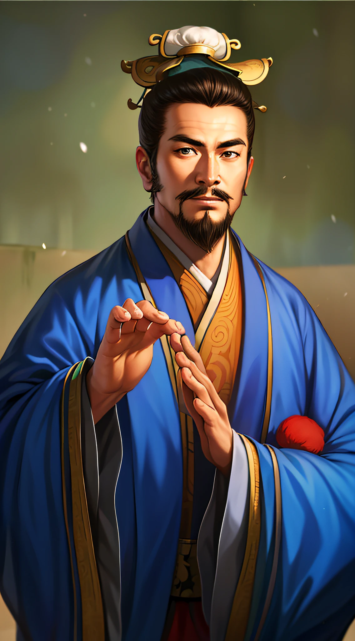 (4k, best quality, highres:1.1), (masterpiece:1.1), man, Chinese male, detailed eyes, looking at viewer, (Chen Daoming:1.6), facial_hair, hanfu, 1boy, beard, male_focus, mustache, chinese_clothes, old, solo, old_man, wide_sleeves, own_hands_together, long_sleeves, topknot, robe, looking_at_viewer, wrinkled_skin