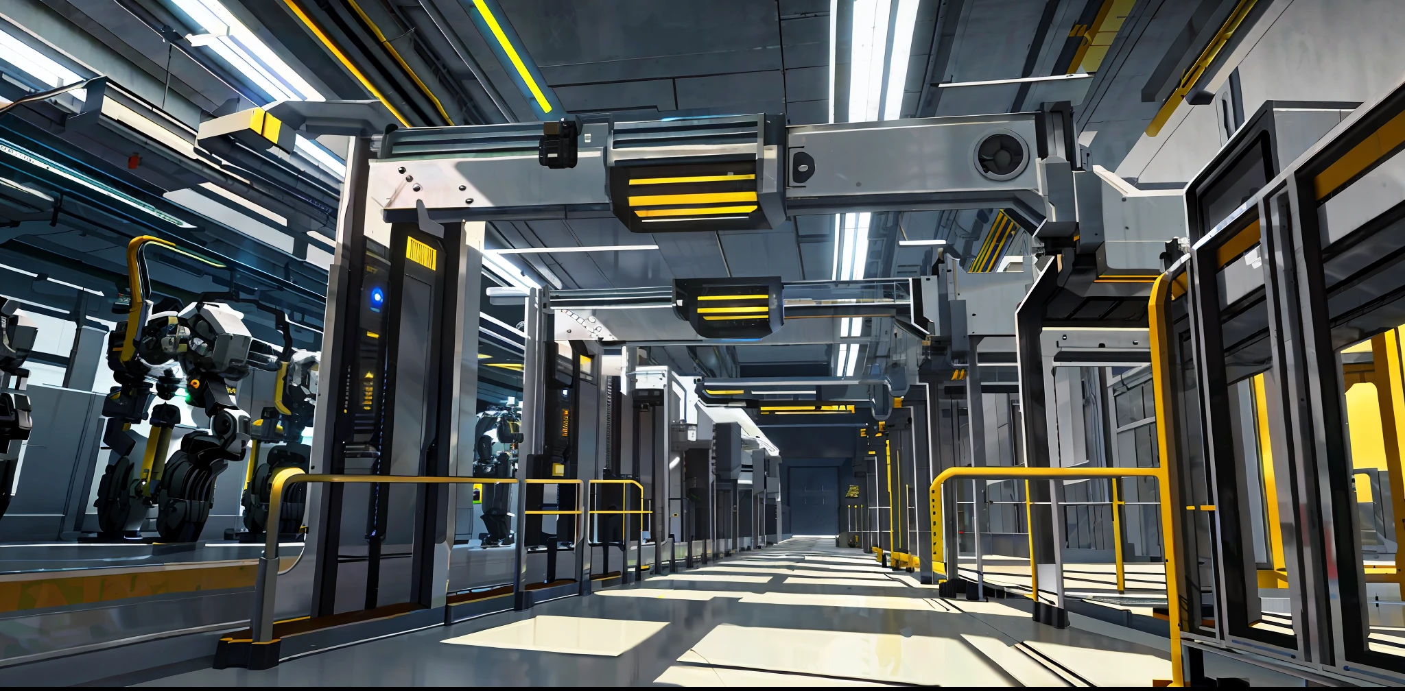 Robotics facilty production line, lots of detail, dystopian, shiny, raytracing