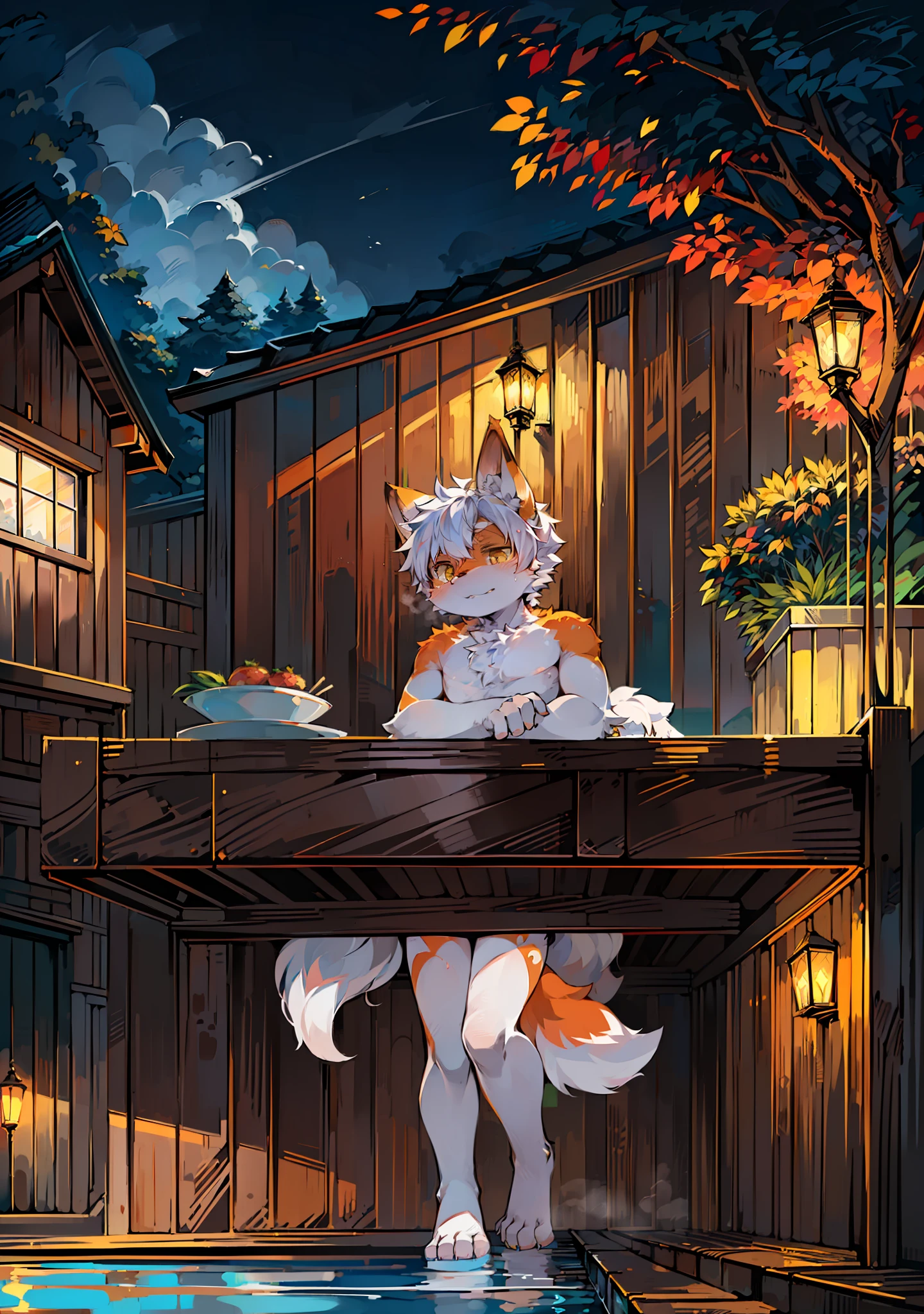 (Bright Environment: 0.8), Masterpiece, High Quality, Abstract Res, Digital Painting\(Artwork\), by Dagasi, Yupa, Kiyosan, (Anthro, Fluffy Fur, Character Focus: 1.1), Anthro Male Cat, Short Hair, Portrait , bright eyes, panorama, character focus. (Detailed background: 0.7), Solo, Furry, Furry male, Male focus, Anthr, (full body fur, fluffy big tail, orange fur, yellow eyes, white hair: 1.2), (long canine, fox, angel ring: 1.2), (exterior, early morning, poolside, parasol: 1.1)