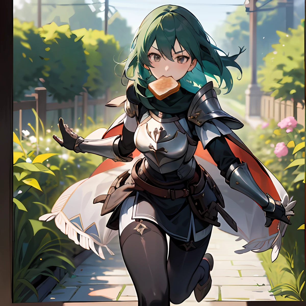 masterpiece, ultra high quality cg, 4K, best quality, 1girl,  toast in mouth, byleth (female), black breastplate, shoulder armor, cape, gauntlets, belt, tassel, patterned pantyhose, running, cowboy shot, garden