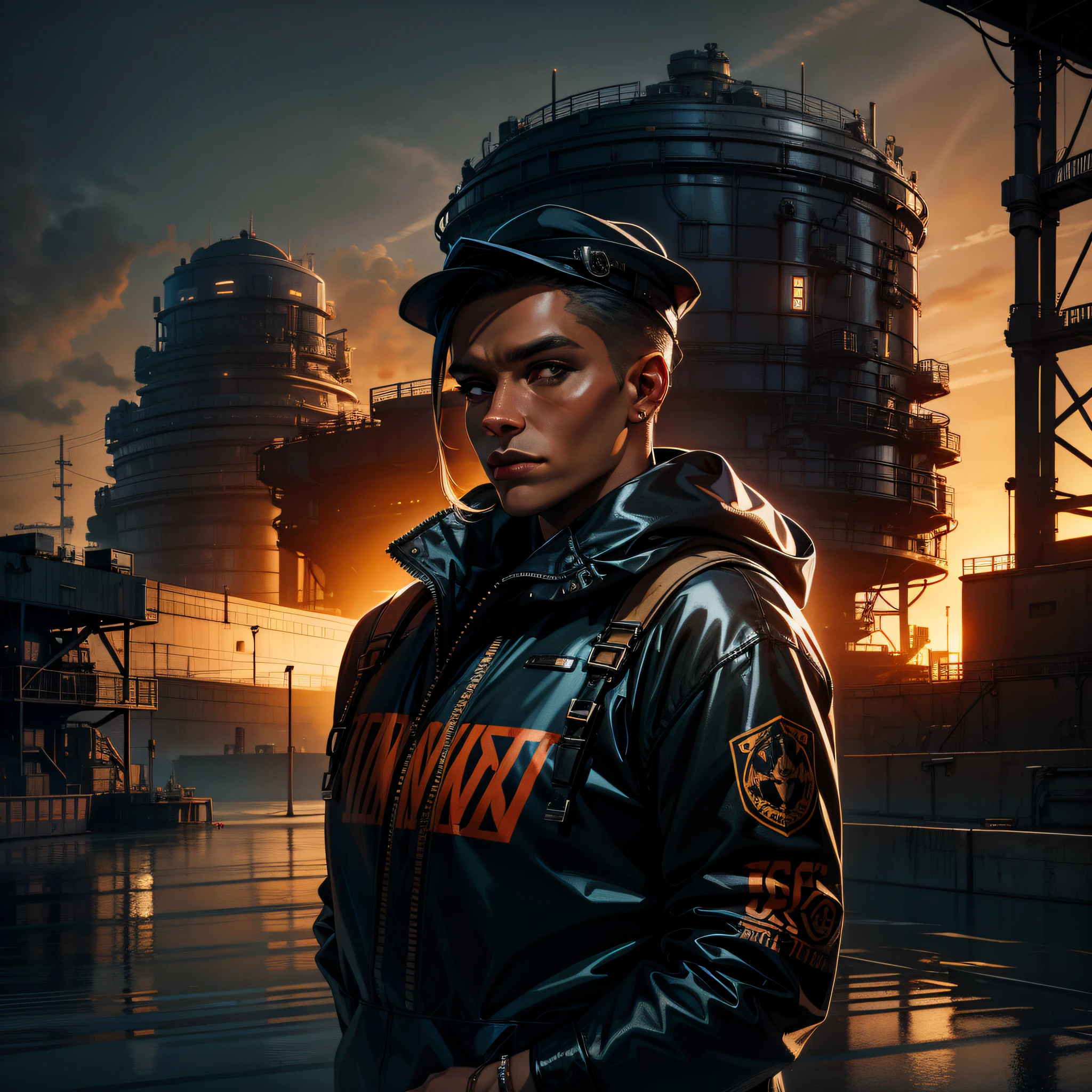 industrial landscape, Informative, Dazzling and luxurious, in the style of Casey Weldon, Teophilus Tetteh and Arik Brauer, 8k resolution