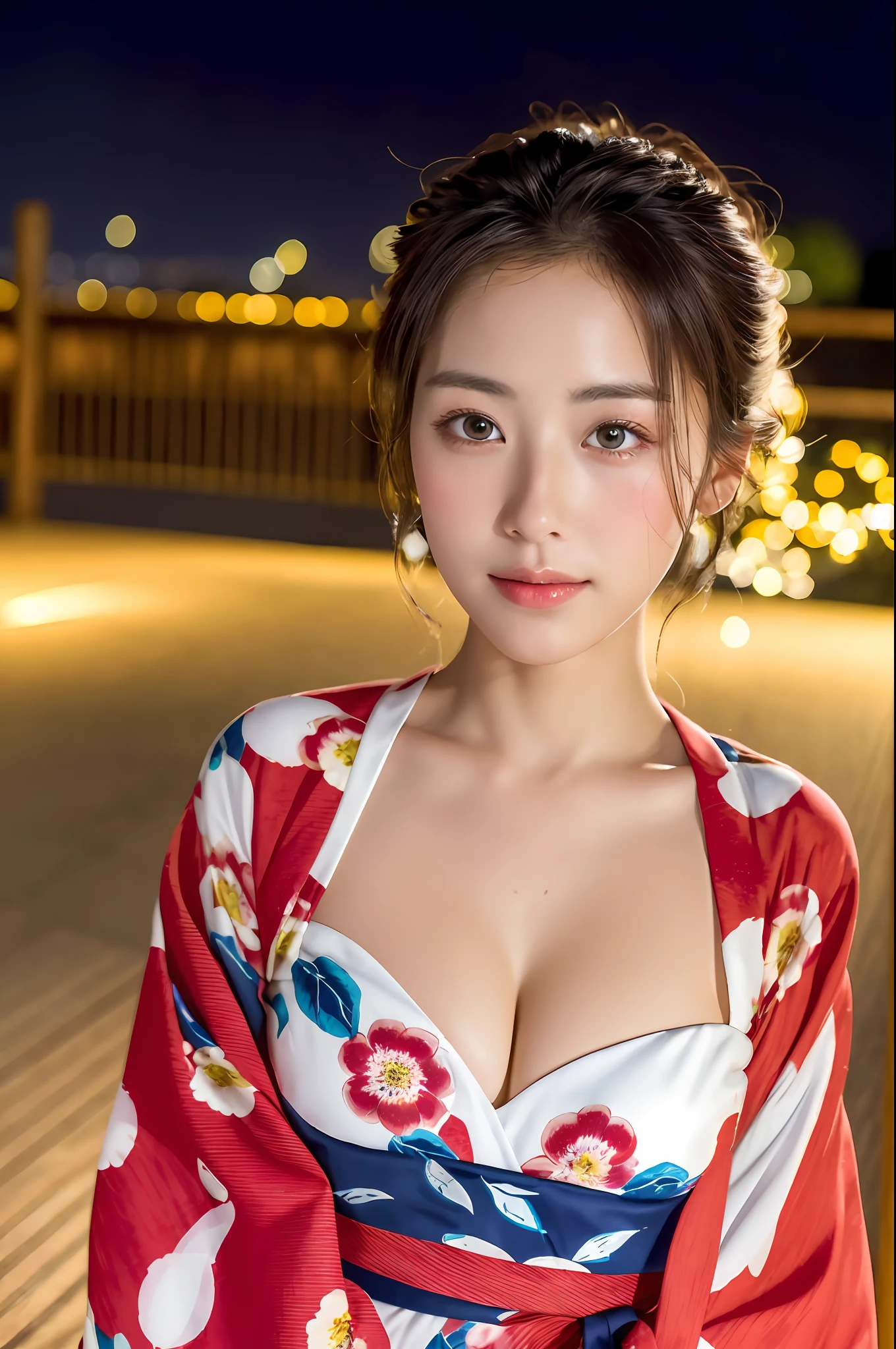 ((Masterpiece, highest quality, super definition, high definition)), solo, beautiful girl, shining eyes, perfect eyes, beautiful sister of Japan, large and fluffy yukata, clear cleavage, red floral yukata, background is night fireworks, high image quality, 4K.