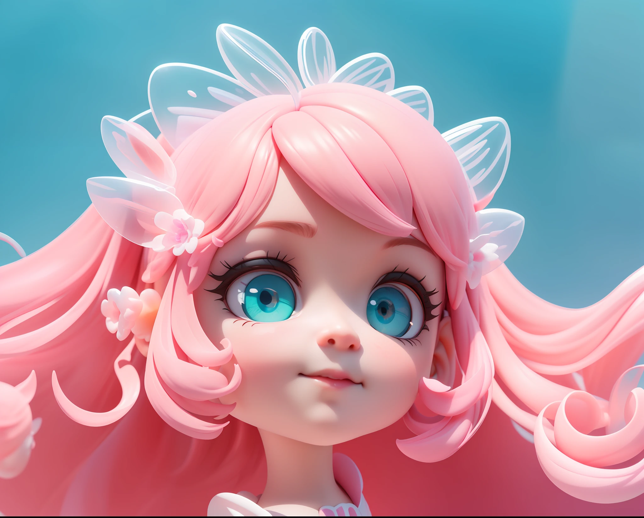 Detailed plastic materials, ((same character, front, side, back)) best quality, (very detailed model), (best quality), octane rendering, ray tracing, very detailed, 3D toys , exaggerated huge hair, girl (full body) (3D hair, cute hair accessories, ((children)), beautiful eyes, cute big eyes, cute face, pink-green gradient, drum skirt, cute skirt, chib, fluorescent half Transparent, colorful, plastic, children, transparent, product design, luminous jelly, exquisite and cute plastic, beautiful light and shadow 3d, digital art, translucent plastic bubble gum, close-up, 3d, ultra-detailed, generate front view, side view, rear view three views , Borderless, c4d, Octane rendering, Blender, HD, full body, simple background!