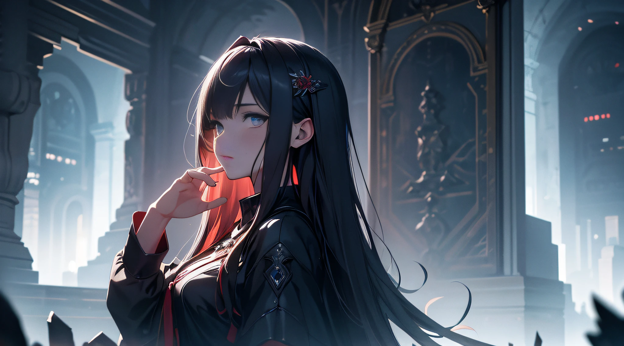 Masterpiece, best quality, young beautiful girl, super detailed, official art, Unity 8k wallpaper, low lighting, (moody atmosphere): 1.2, dark shadow, subtle highlights, mysterious aura, tones are red and blue