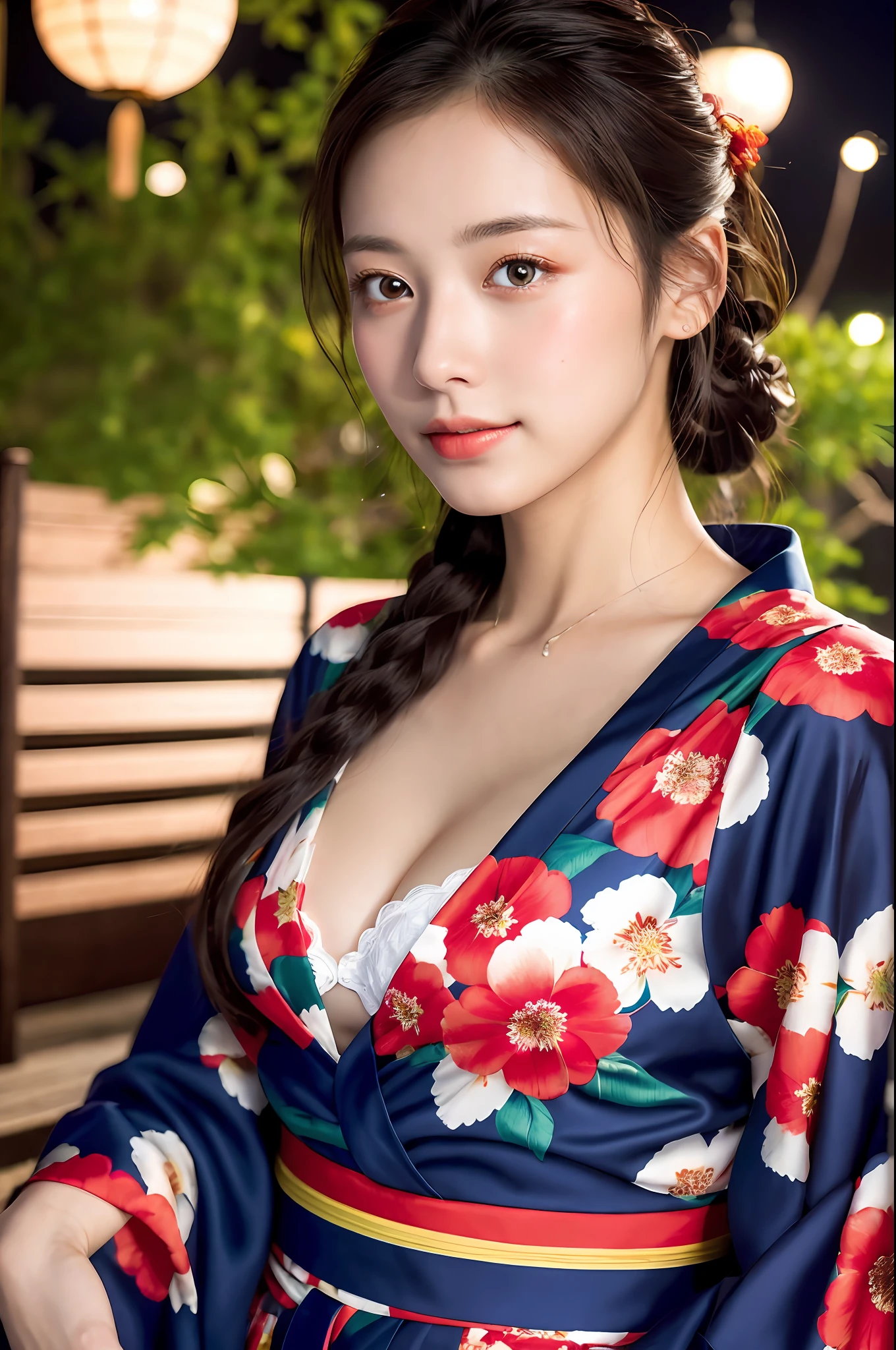 ((Masterpiece, highest quality, super definition, high definition)), solo, beautiful girl, shining eyes, perfect eyes, beautiful sister of Japan, large and fluffy yukata, clear cleavage, red floral yukata, background is night fireworks, high image quality, 4K.