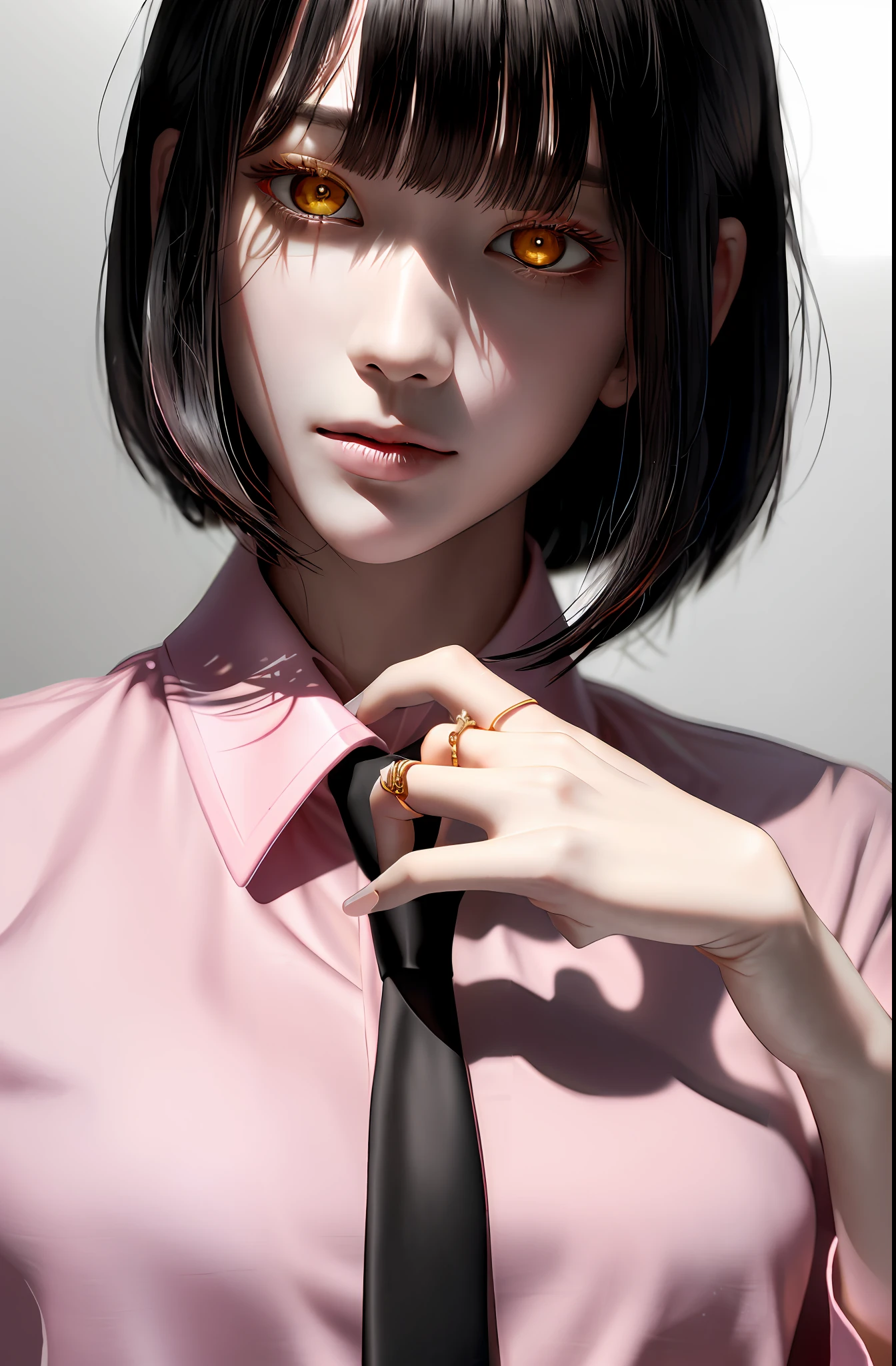 Masterpiece, (Photorealistic: 1.4), Top Quality, Beautiful Lighting, (ulzzang-6500:0.5), Makima \(Chainsaw Man\), (Bob Hair) + (Black Hair) + (Bangs), Yellow Eyes, Golden Eyes, (((Ring Eyes)), (Pink Shirt), (Tie), RAW Photography, 8k UHD, Film Grain