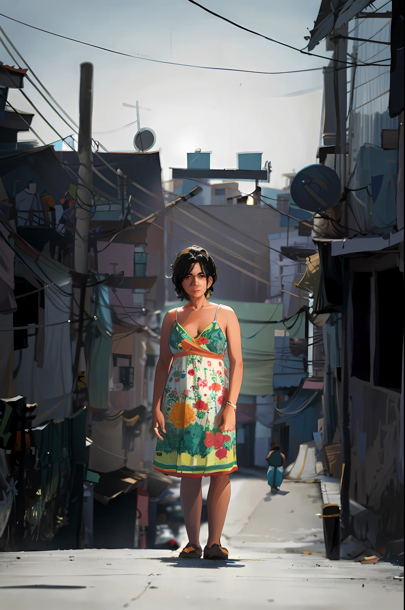 there is a woman standing on a street corner in a colorful dress, malika favre, 3 5 year brazilian mother, standing in a township street, in sao paulo, sao paulo, by Willian Murai, streets of salvador, standing in township street, by Fernando Gerassi, by Jakob Gauermann, location ( favela _ wall ) --auto --s2