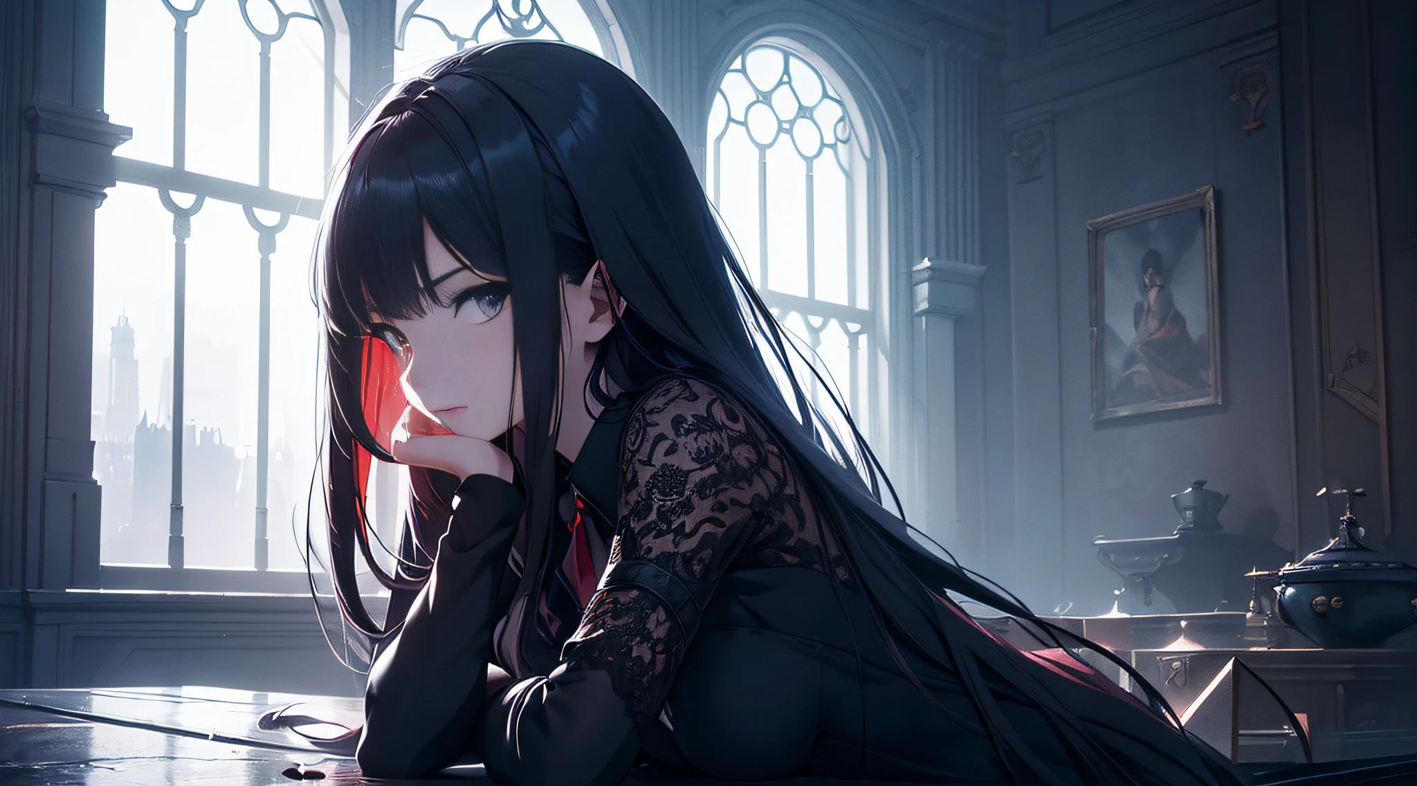 Masterpiece, best quality, young beautiful girl, super detailed, official art, Unity 8k wallpaper, low lighting, (moody atmosphere): 1.2, dark shadow, subtle highlights, mysterious aura, tones are red and blue