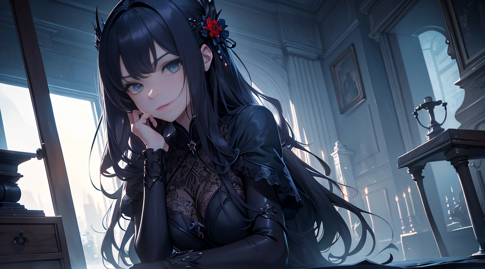 Masterpiece, best quality, young beautiful girl, super detailed, official art, Unity 8k wallpaper, low lighting, (moody atmosphere): 1.2, dark shadow, subtle highlights, mysterious aura, tones are red and blue
