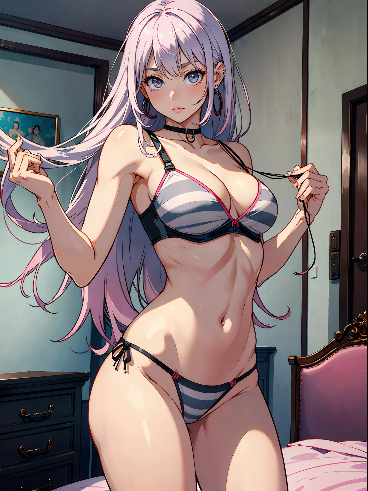 (butt), (bedroom), (sexy girl), masterpiece, best quality, full body, 1girl, bangs, blush, breasts, collarbones, ear piercings, eyebrows visible through hair, (gradient gray-pink hair), jewelry, long hair, looking at the viewer, piercings, (half-naked), (striped underwear), (bra), (panties), bright eyes, ring, (solo), illustration, fashionable, woman, posing, background, elements, confident, expression, holding, accessory, majestic, rolled, around,  touch, attention-grabbing scene, larger, focus, dynamic pose