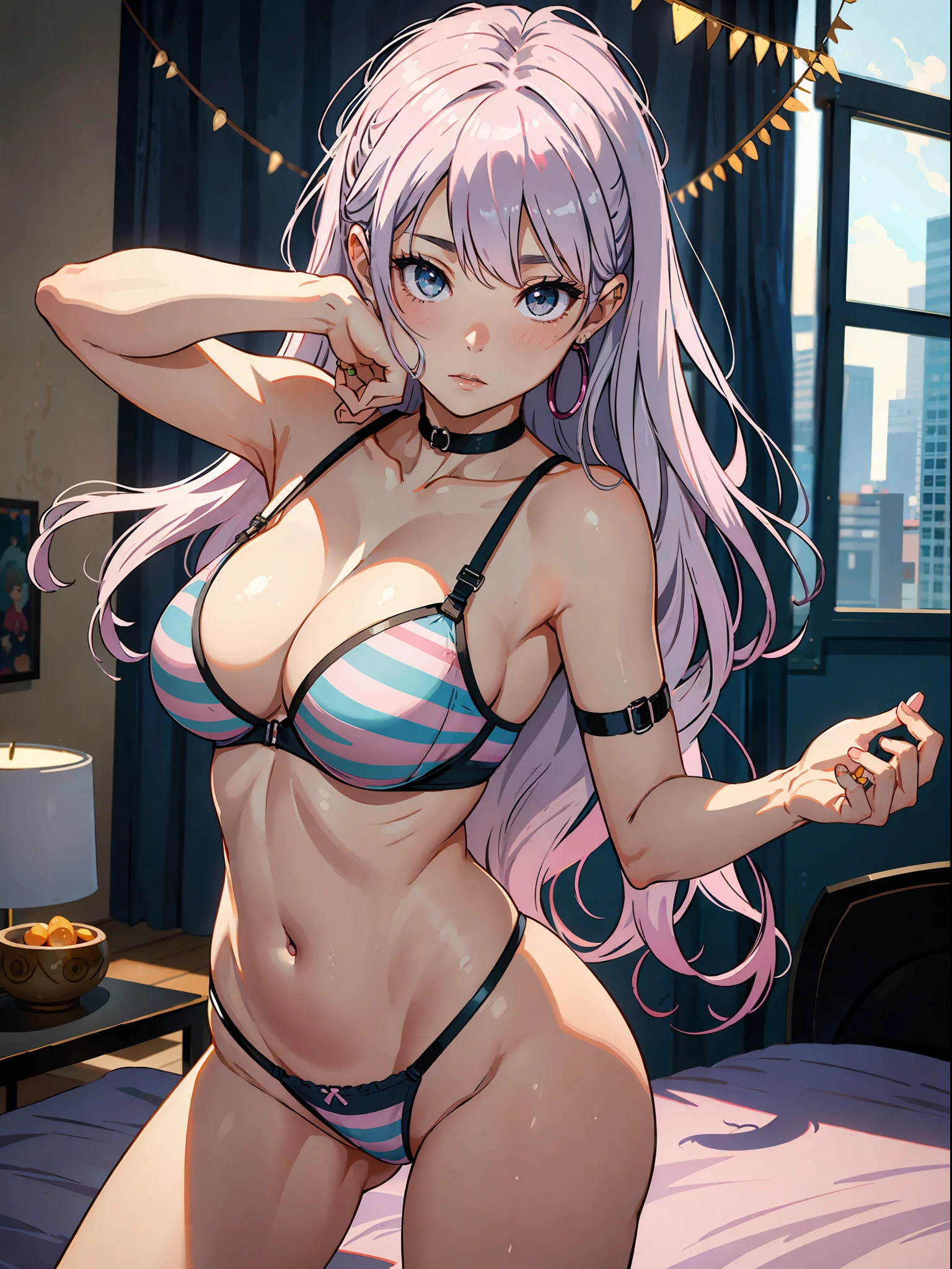 (butt), (bedroom), (sexy girl), masterpiece, best quality, full body, 1girl, bangs, blush, breasts, collarbones, ear piercings, eyebrows visible through hair, (gradient gray-pink hair), jewelry, long hair, looking at the viewer, piercings, (half-naked), (striped underwear), (bra), (panties), bright eyes, ring, (solo), illustration, fashionable, woman, posing, background, elements, confident, expression, holding, accessory, majestic, rolled, around, touch, attention-grabbing scene, larger, focus, dynamic pose