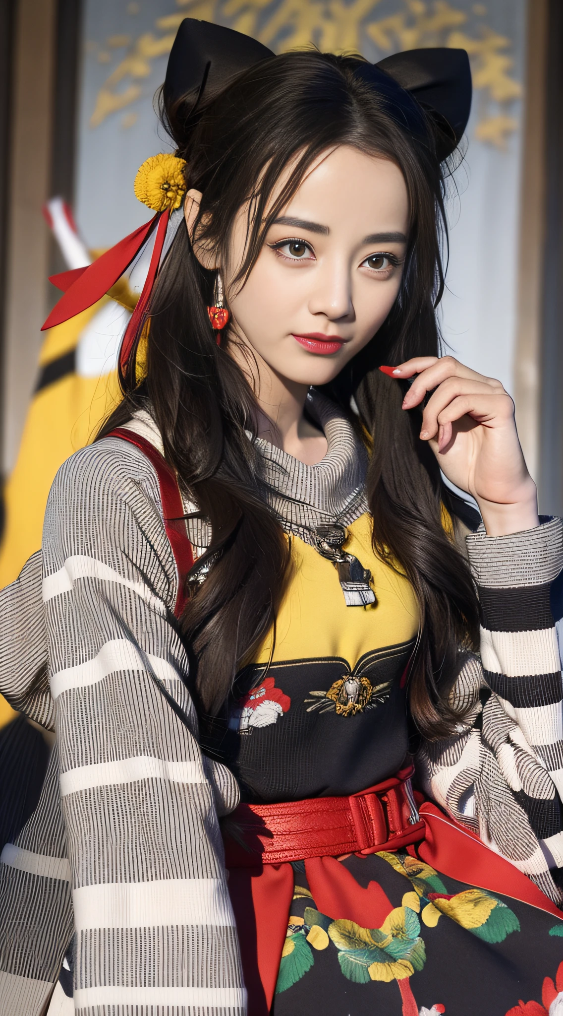 Masterpiece, Superb Piece, Hanfukozue, 1Girl, Tiger, Brush, Long Hair, Bun, Bun, Brush, Brush, Hanfu, Hanfu, Hand Hidden in Sleeve, Full Body Photo. Standing, brush, bangs, solo, year of the tiger, black hair, white tiger, jewelry, long sleeves, holding, sitting, yellow eyes, bow, necklace, hair accessories, wide sleeves, red bow, blunt bangs, fur trim, closed mouth, ribbon, dress, shawl, tassel, animal print, red ribbon, animal, extra long hair, hands up, ink, bow tie, coat, headband, zodiac sign, rolling, looking at the audience, hair flower, side hair, earrings, brown hair, flower,