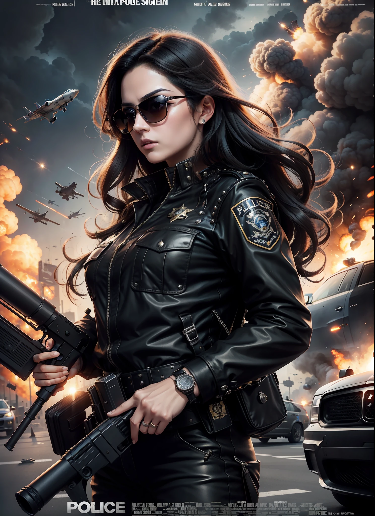 Police movie poster, beautiful woman, medium dark long hair,sunglasses, with big gun in hands, black clothes, rivets, explosions, cars, airplanes, just one body