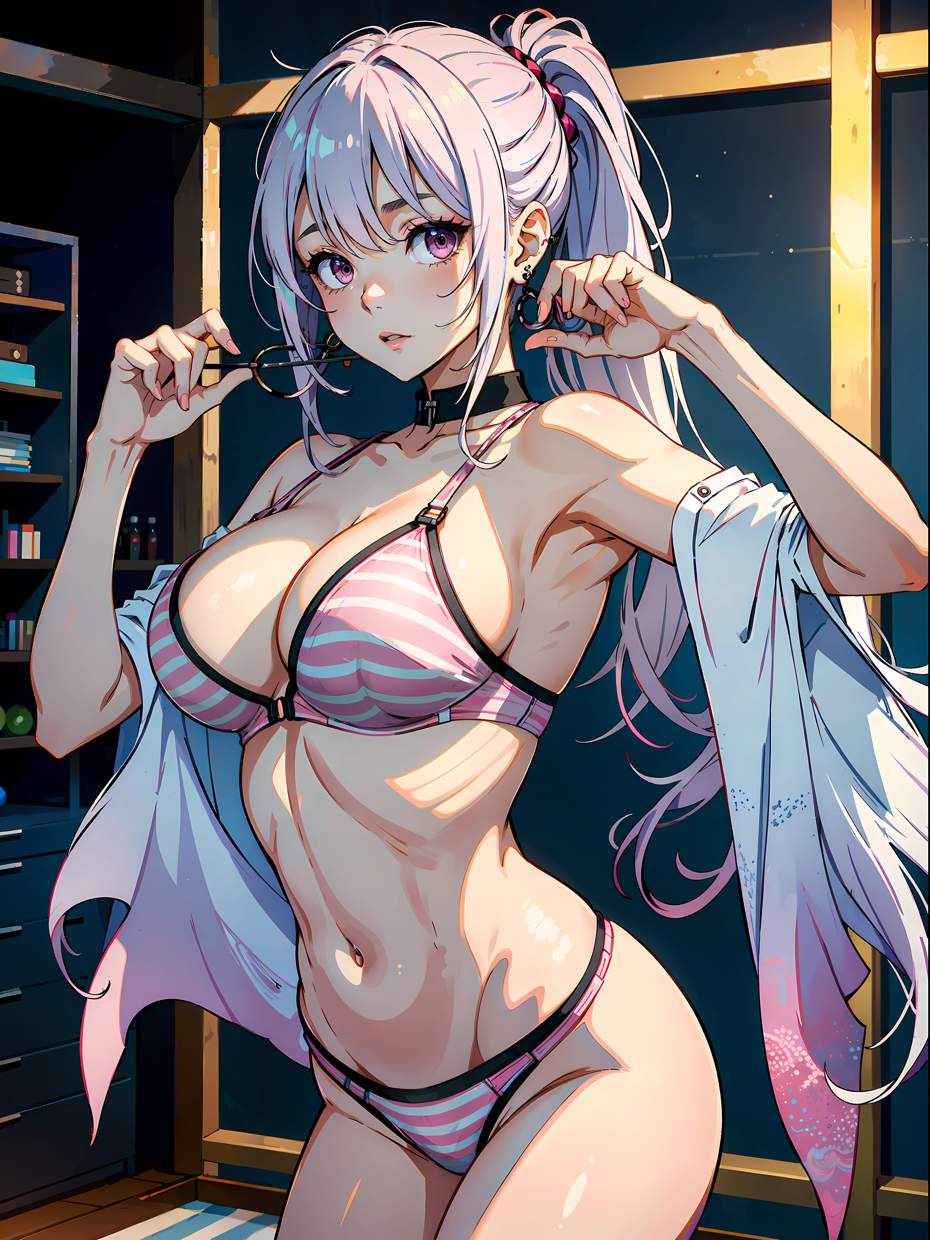 (butt), (bedroom), (sexy girl), masterpiece, best quality, full body, 1girl, bangs, blush, breasts, collarbones, ear piercings, eyebrows visible through hair, (gradient gray-pink hair), jewelry, long hair, looking at the viewer, piercings, (half-naked), (striped underwear), (bra), (panties), bright eyes, ring, (solo), illustration, fashionable, woman, posing, background, elements, confident, expression, holding, accessory, majestic, rolled, around,  touch, attention-grabbing scene, larger, focus, dynamic pose