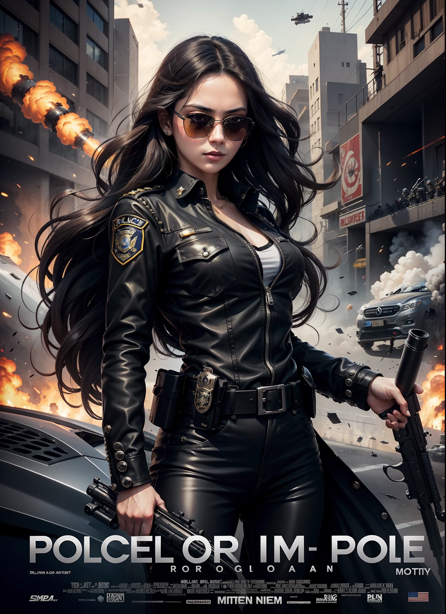 Police movie poster, beautiful woman, medium dark long hair,sunglasses, with big gun in hands, black clothes, rivets, explosions, cars, airplanes, just one body