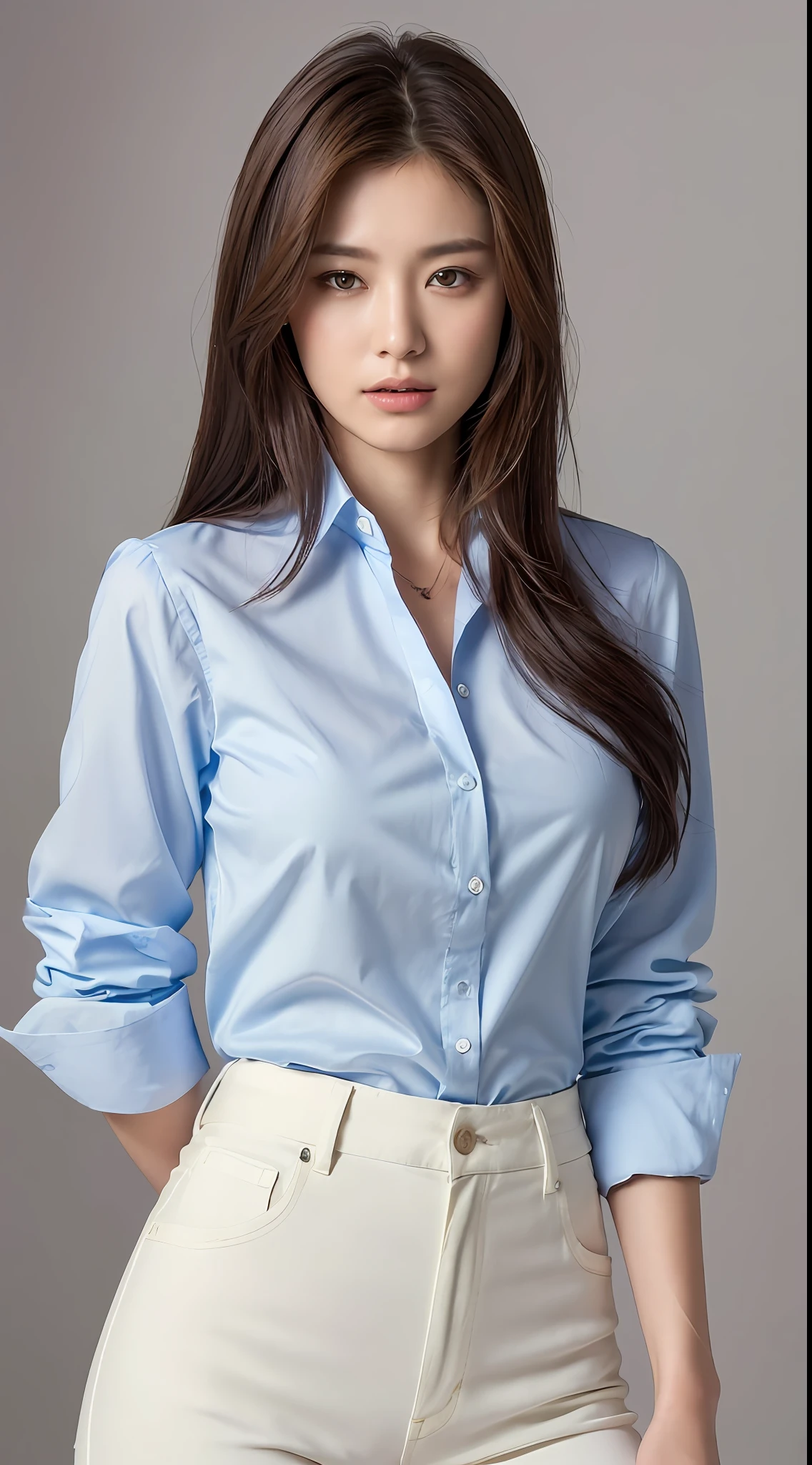 ((Best quality, 8k, Masterpiece :1.3)), Sharp focus :1.2, A pretty woman with perfect figure :1.4, Slender abs :1.2, ((Dark brown hair,breasts :1.2)), (white long formal shirt)(buttoning up his shirt.), grey background:1.2, Highly detailed face and skin texture, Detailed eyes, Double eyelid,fashion model posing,cowboy shot,white pants,