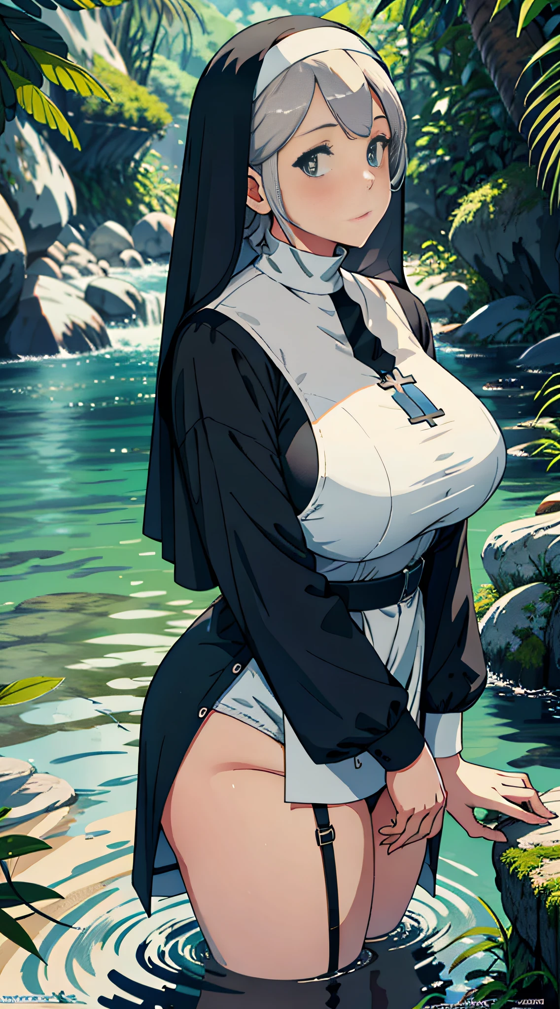 Upper body is naked, big, big, very cute, animated image of nun woman at the water's edge, cute sexirobat, [4K digital art]!, 3DCG, high resolution commission, huge tess art, large areola, detailed digital anime art drawn in high resolution,