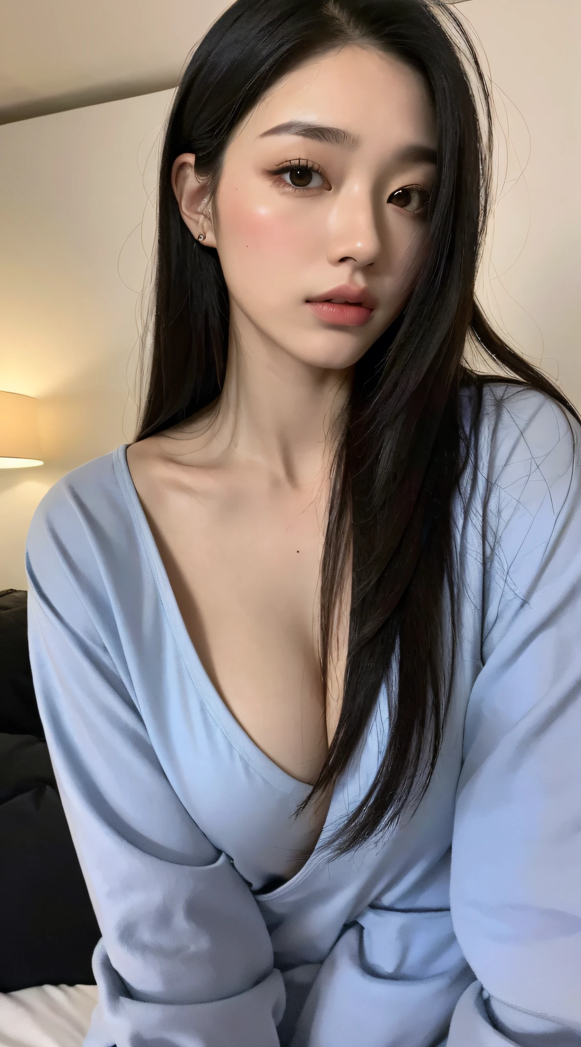 ((Top quality, 8k, Masterpiece: 1.3)), beauty, hidden face, 1 girl, beauty: 1.3, slender abs: 1.1, large men's shirt (loose: 1.4) exposed, full chest, long black hair, (kneeling on bed), ultra-detailed face, highly detailed lips, detailed eyes, double eyelids, strict head and body ratio: 1.5,